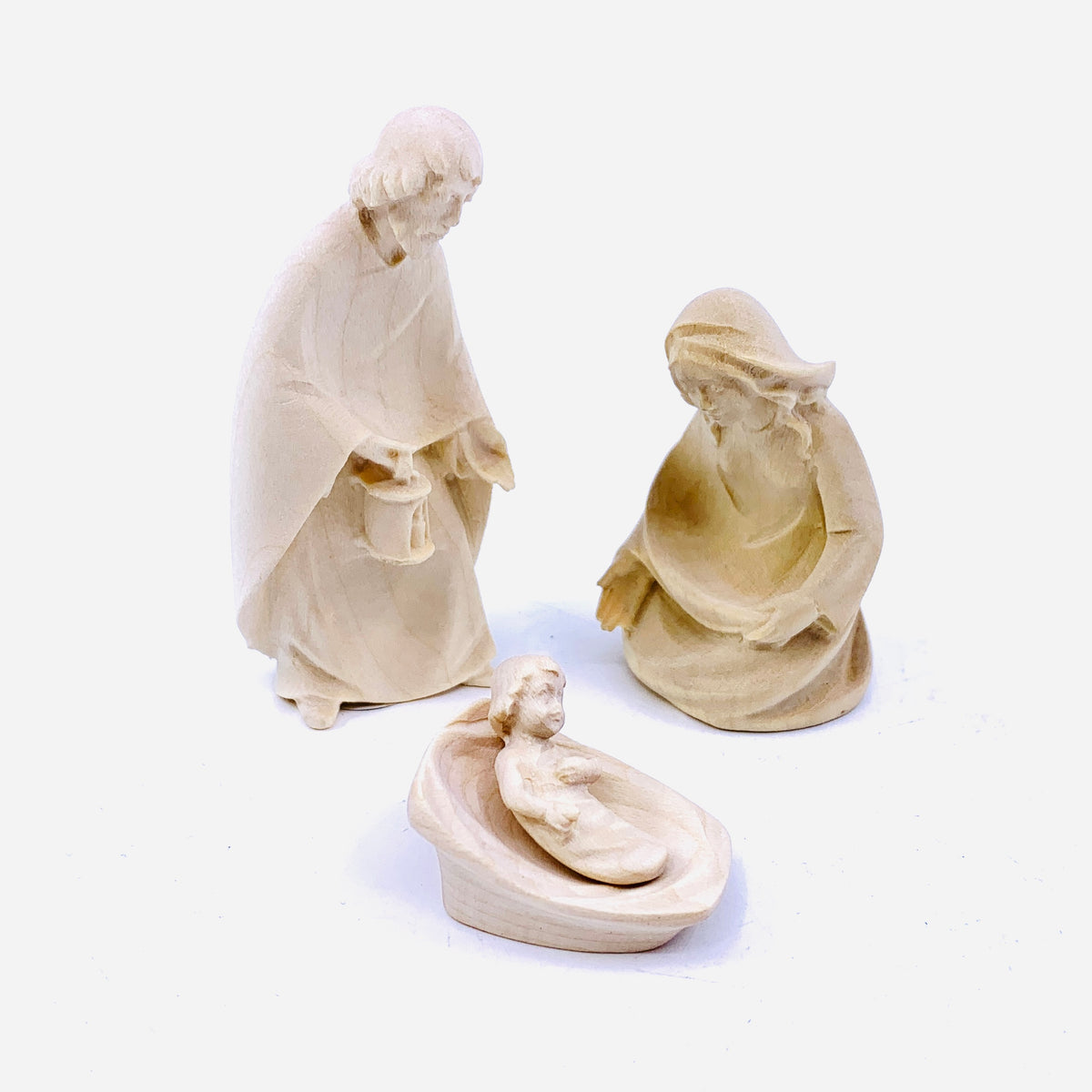 Wood Sculpted Nativity Set, St Joseph, Mary and Infant with Cradle 1