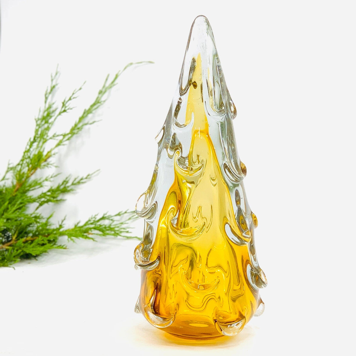 Medium Snow Drift Blown Glass Tree, Amber Diamond Star 