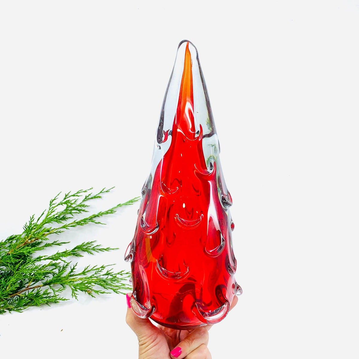 Medium Snow Drift Blown Glass Tree, Red Diamond Star 