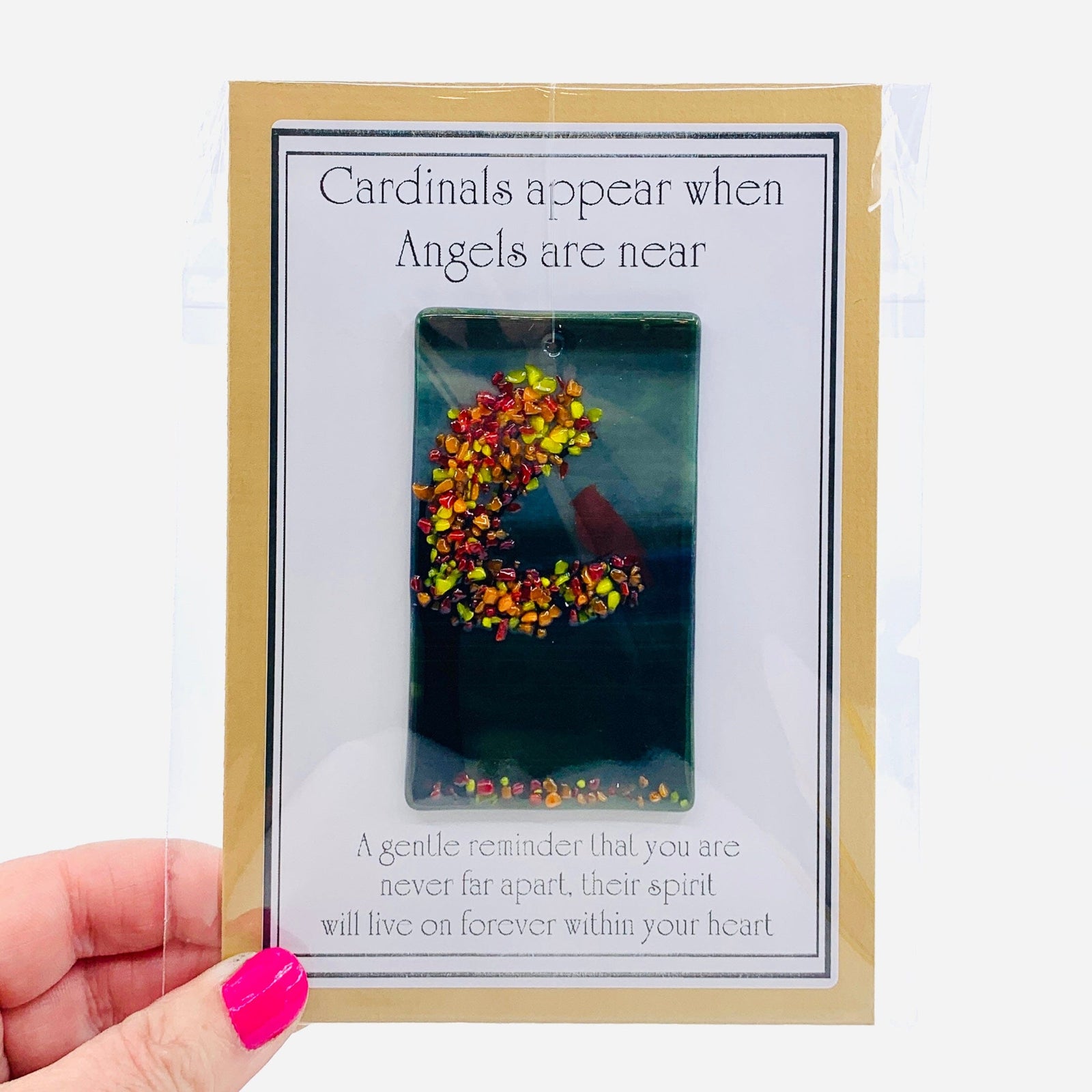 Fused Glass "Cardinals appear when Angels are near" Suncatcher 17 Decor Glimmer Glass Gifts 