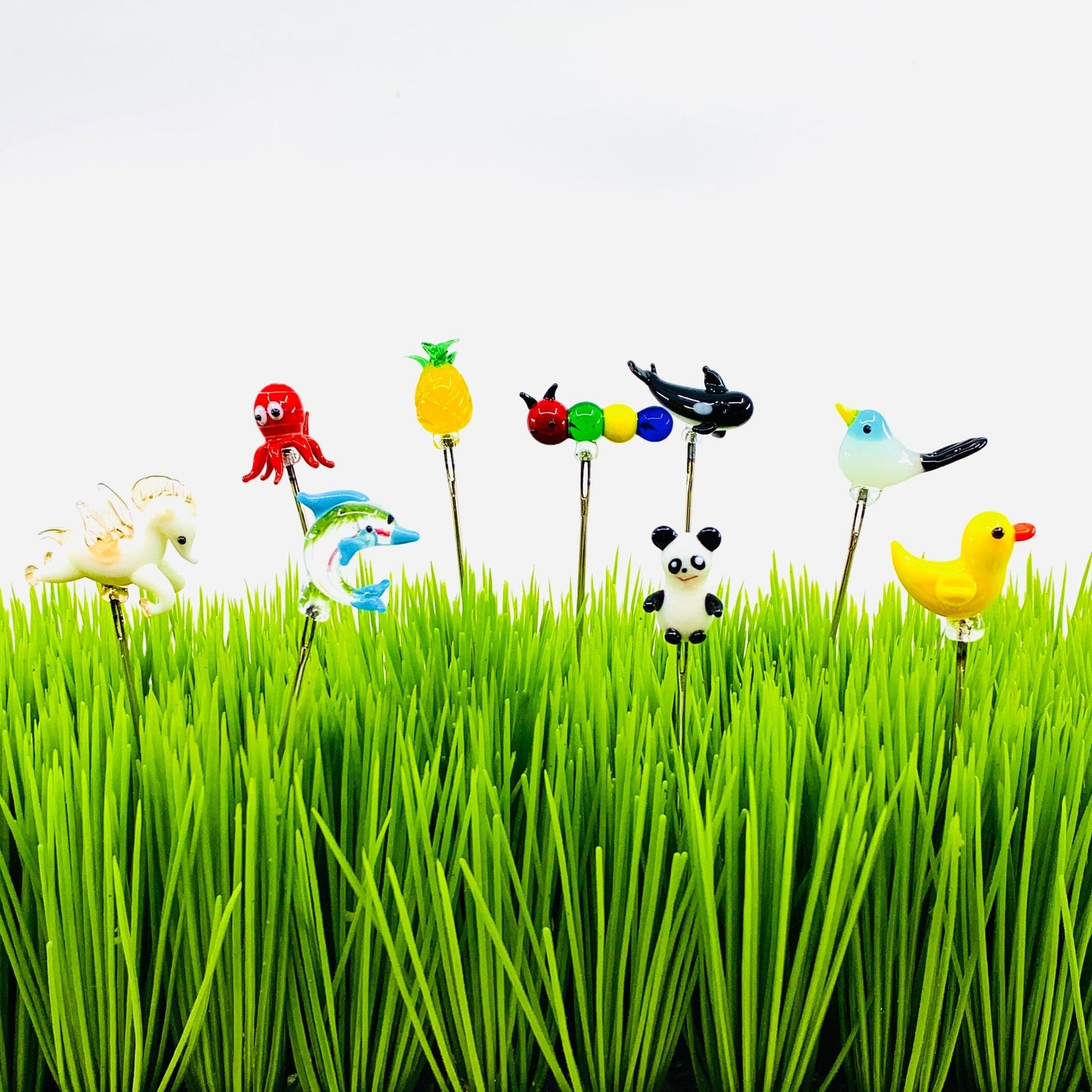 Tiny Glass Animal Garden Stake 12, Yellow Chick Decor - 