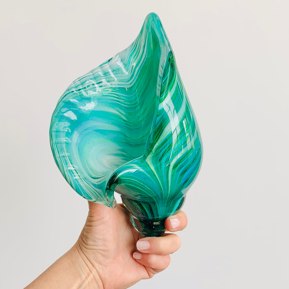 Teal Stripe Glass Conch Shell