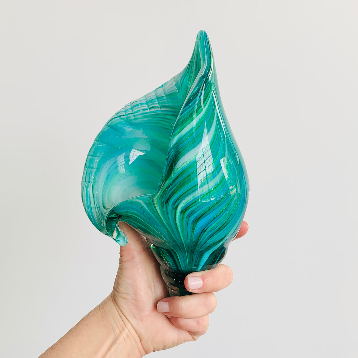 Teal Stripe Glass Conch Shell