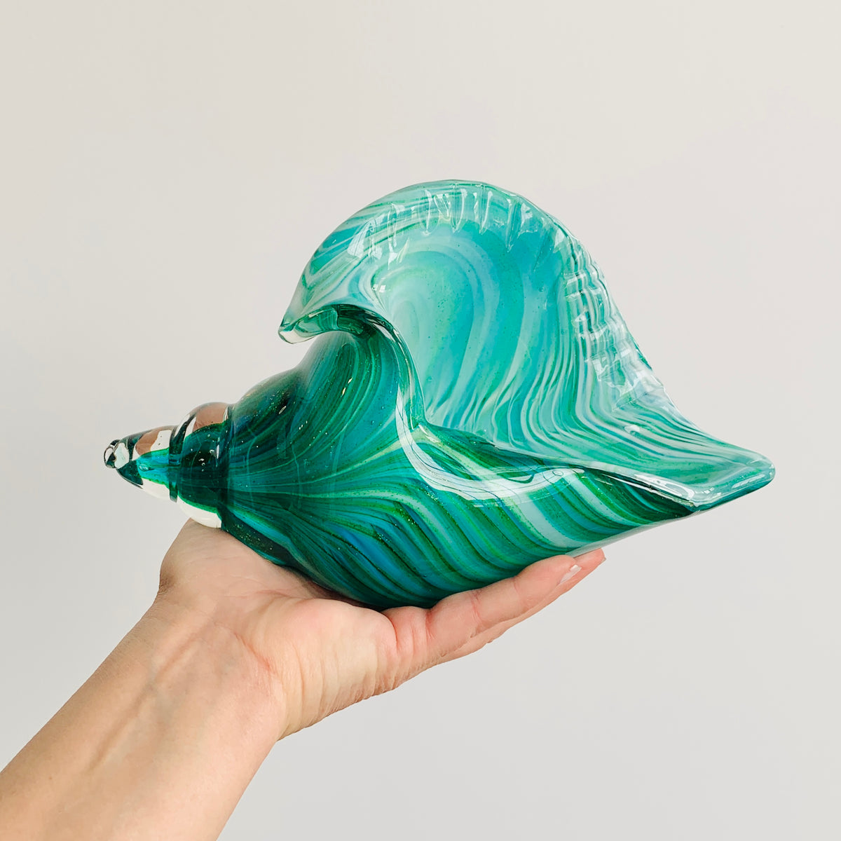 Teal Stripe Glass Conch Shell