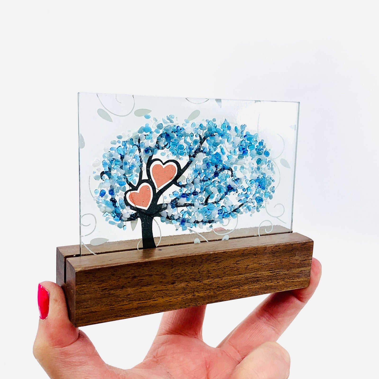 Fused Glass Love Hearts Card with Stand, Blue Decor Glimmer Glass Gifts 