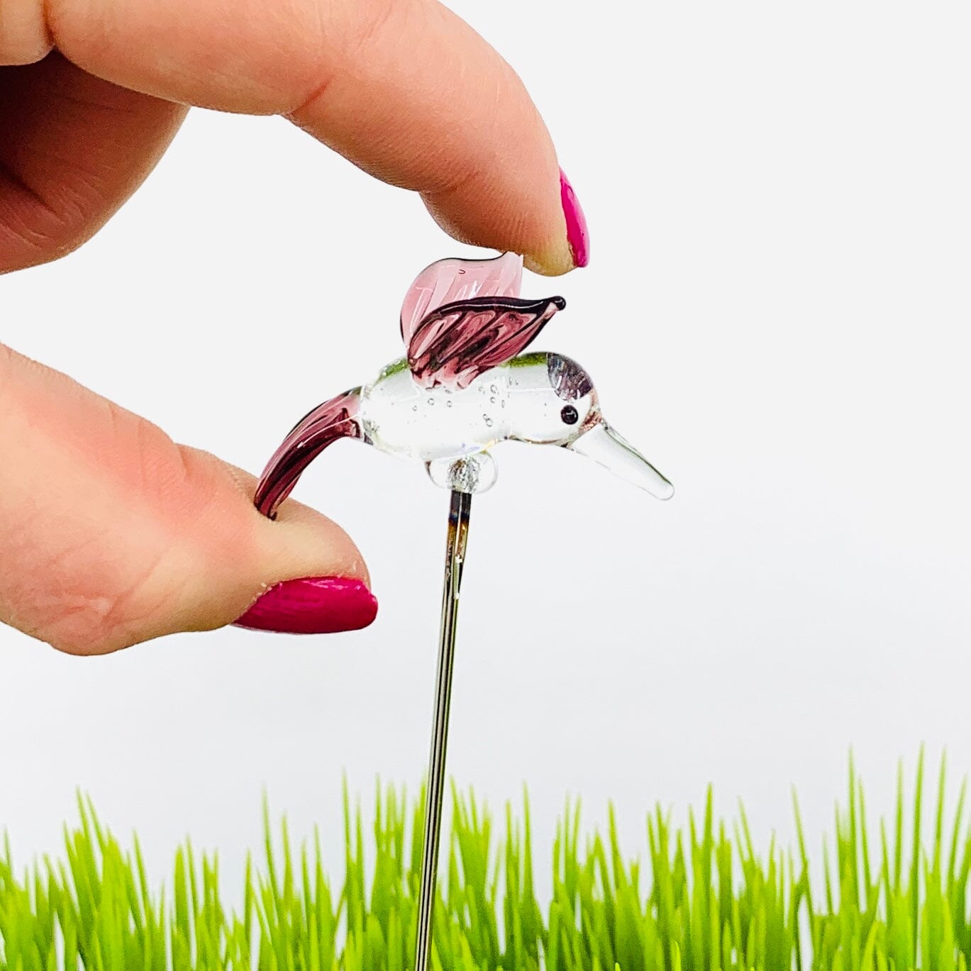 Tiny Glass Animal Garden Stake 5, Purple Hummingbird Decor - 
