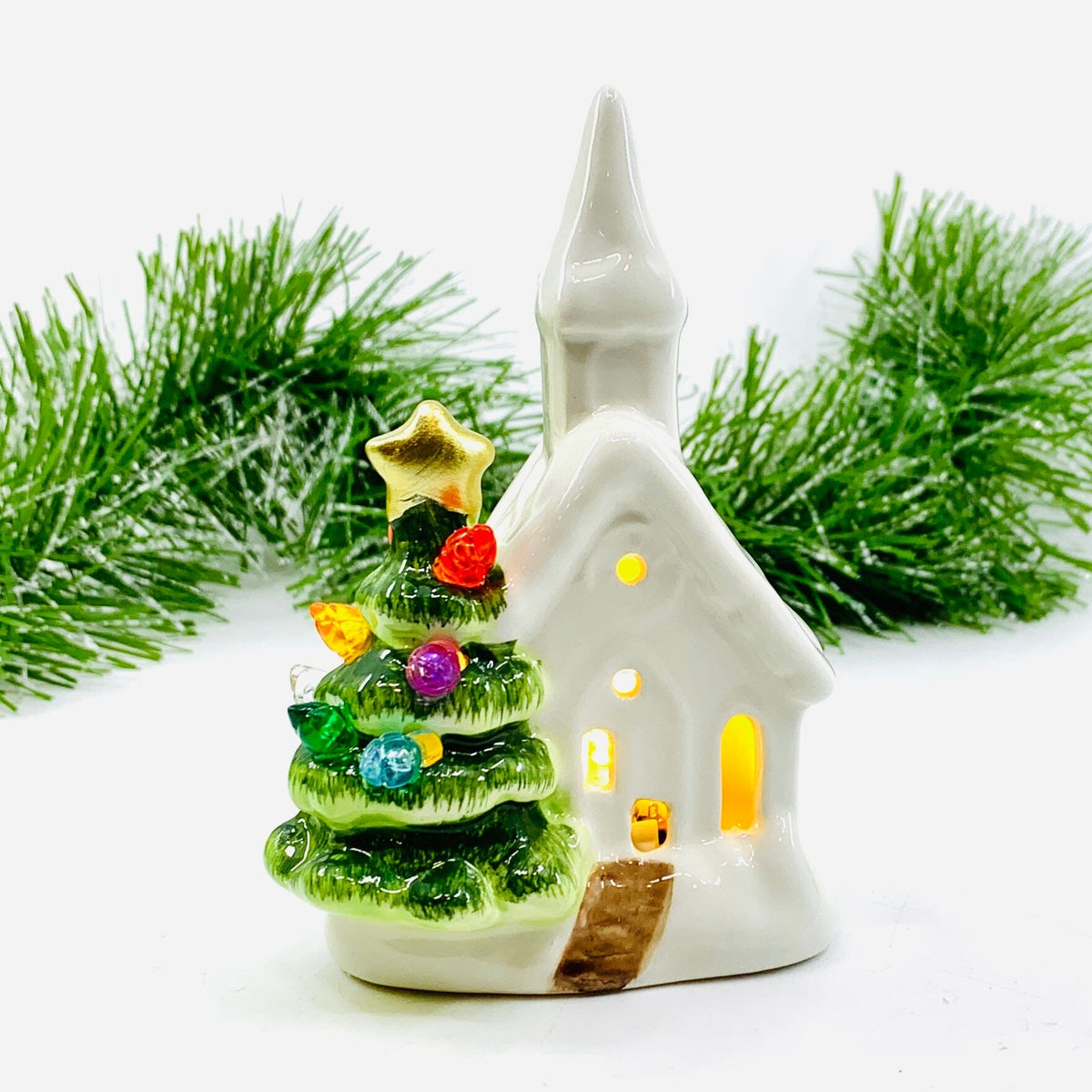 Ceramic Light-Up Holiday Tree and Church GANZ 
