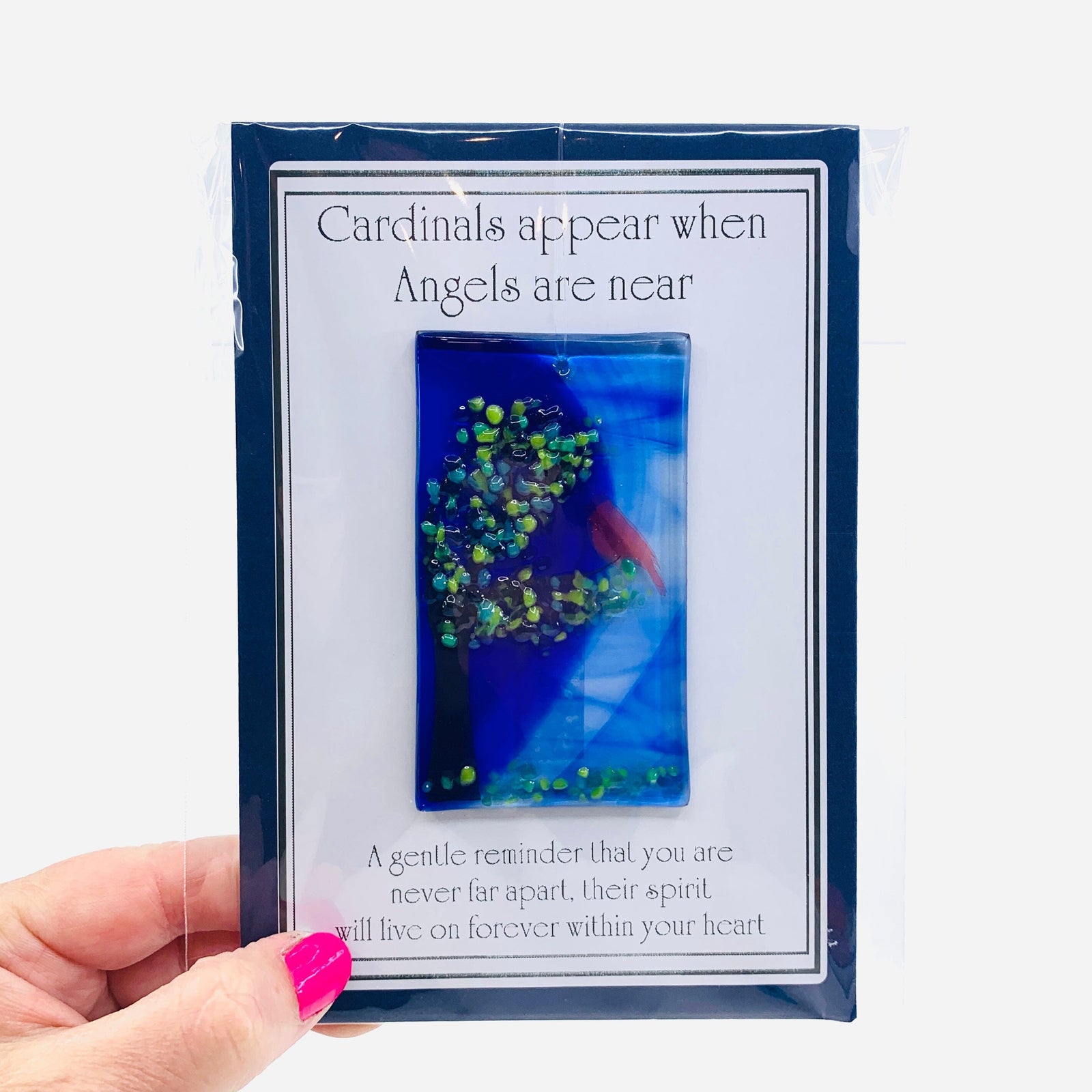Fused Glass "Cardinals appear when Angels are near" Suncatcher 13 Decor Glimmer Glass Gifts 