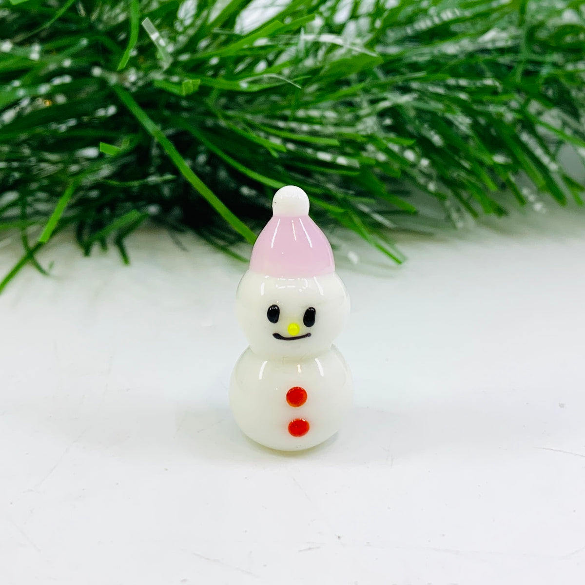 Tiny Christmas Figurine Pink Hat Snowman