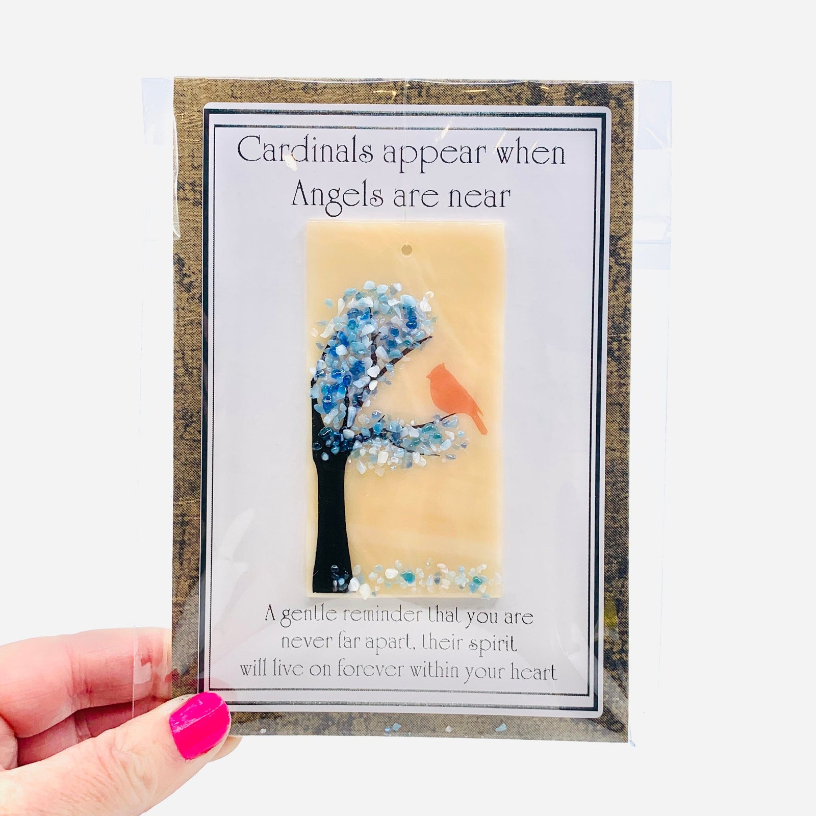 Fused Glass "Cardinals appear when Angels are near" Suncatcher 10 Decor Glimmer Glass Gifts 