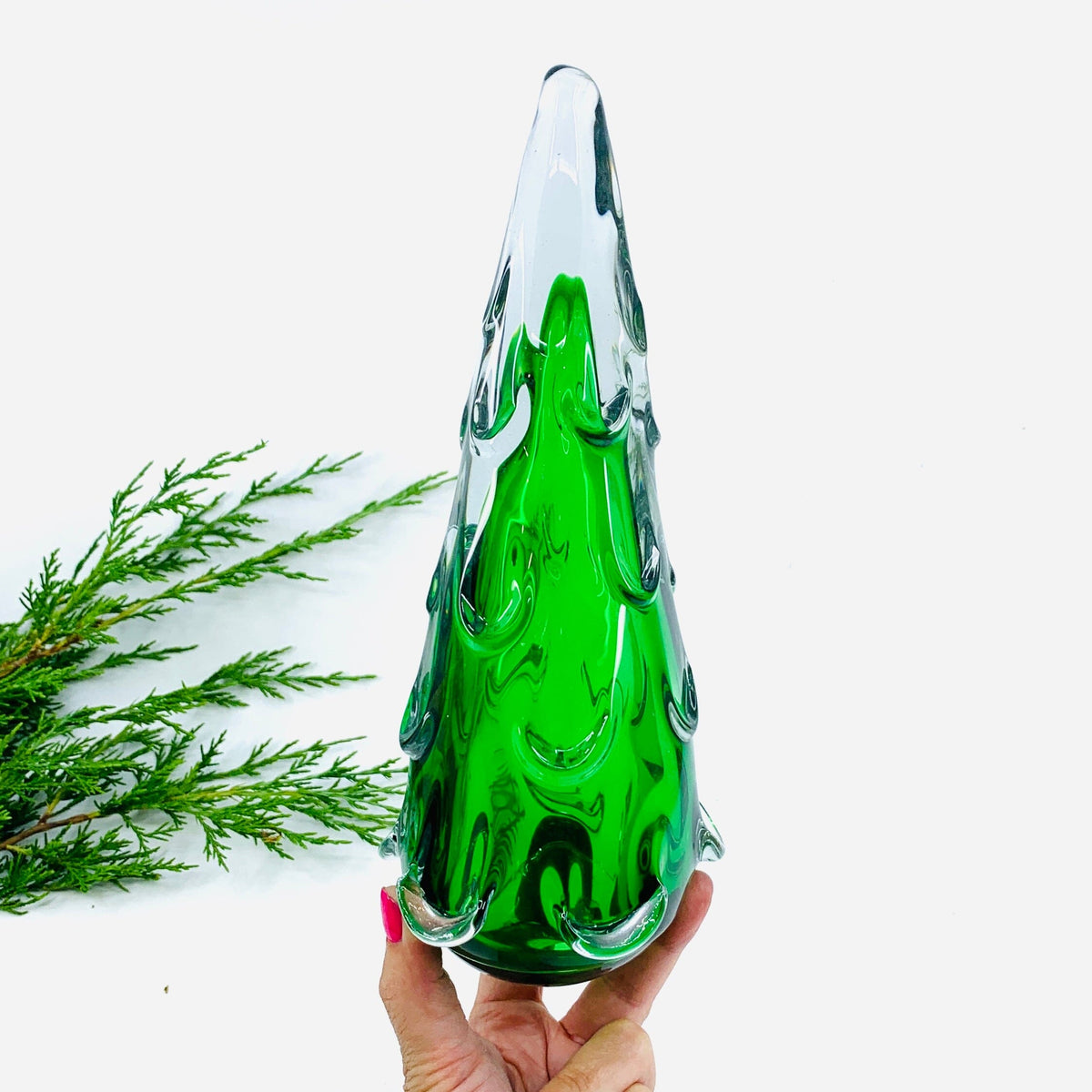 Small Snow Drift Blown Glass Tree, Green Diamond Star 