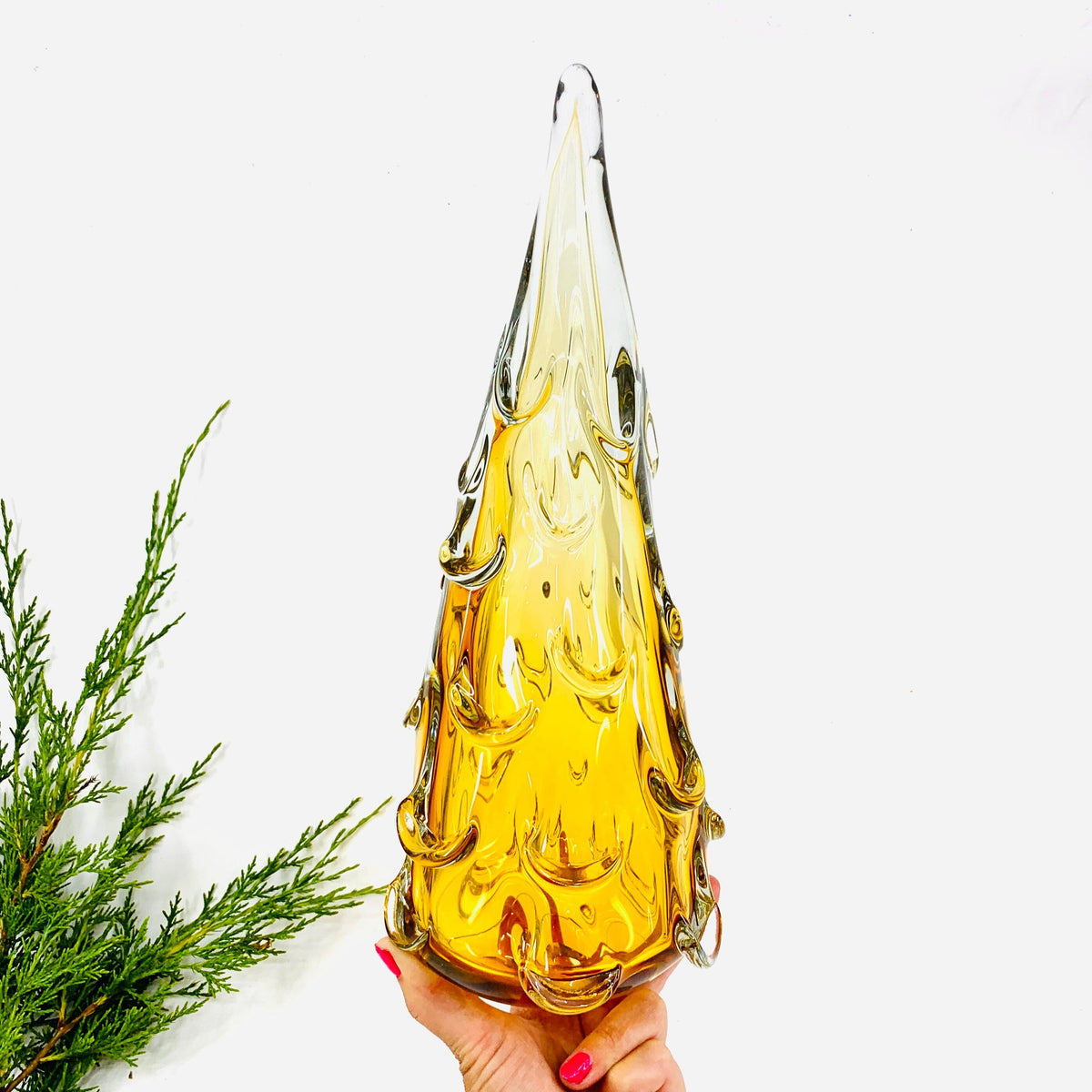 Large Snow Drift Blown Glass Tree, Amber Diamond Star 