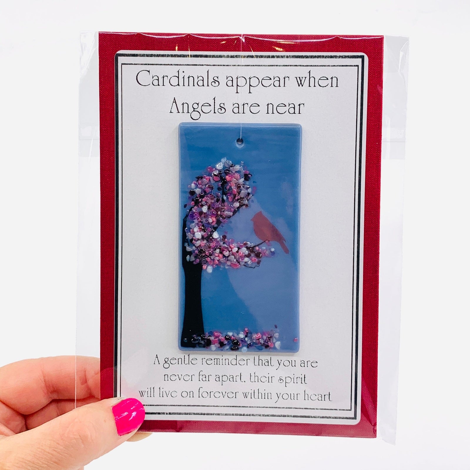Fused Glass "Cardinals appear when Angels are near" Suncatcher 16 Decor Glimmer Glass Gifts 