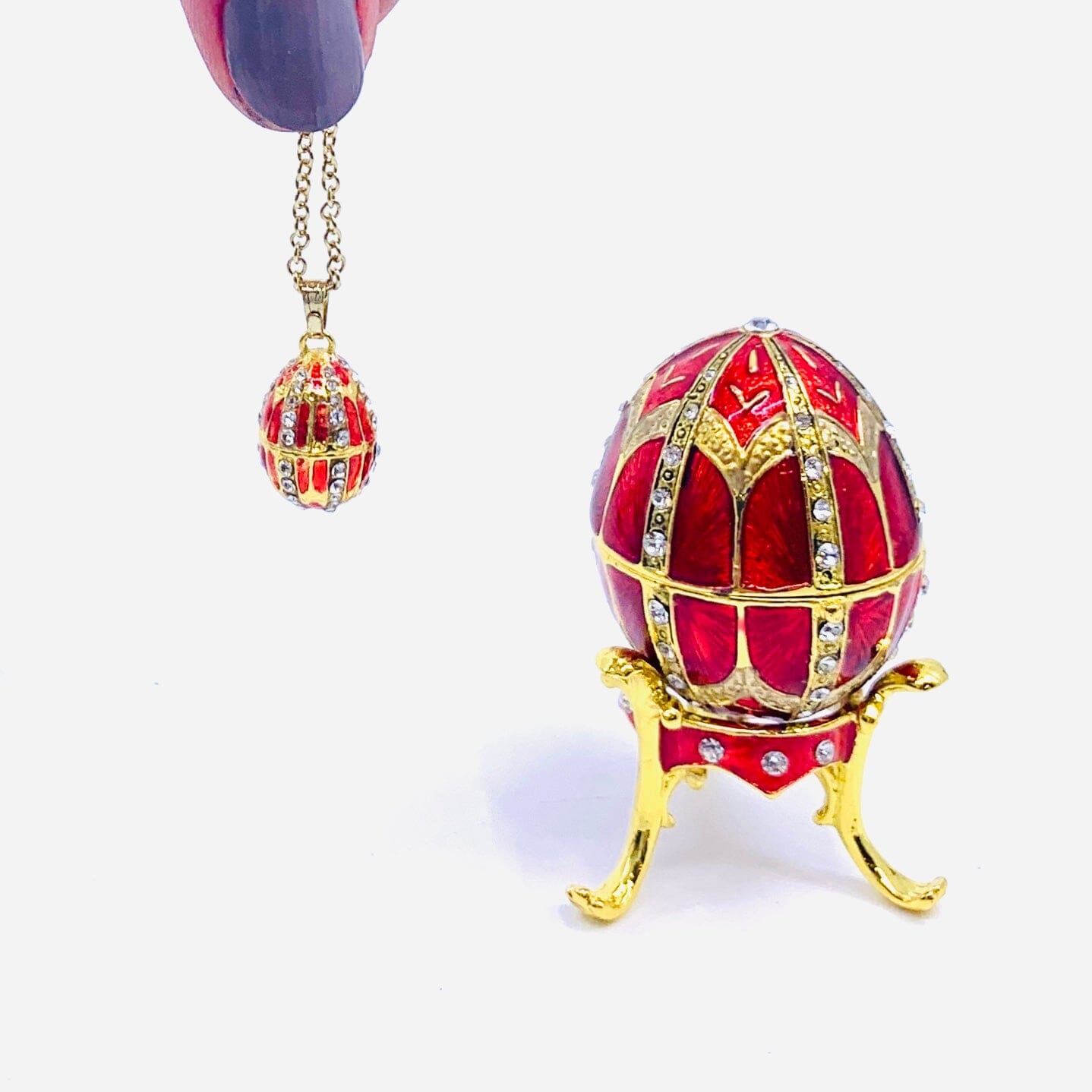 Bejeweled Enamel Trinket Box and Pendant 24, Red Faberge Style Egg Decor Kubla Craft 