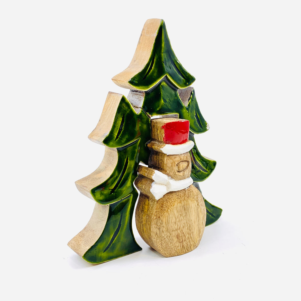 Green Enamel Wooden Tree and Snowman Holiday Décor