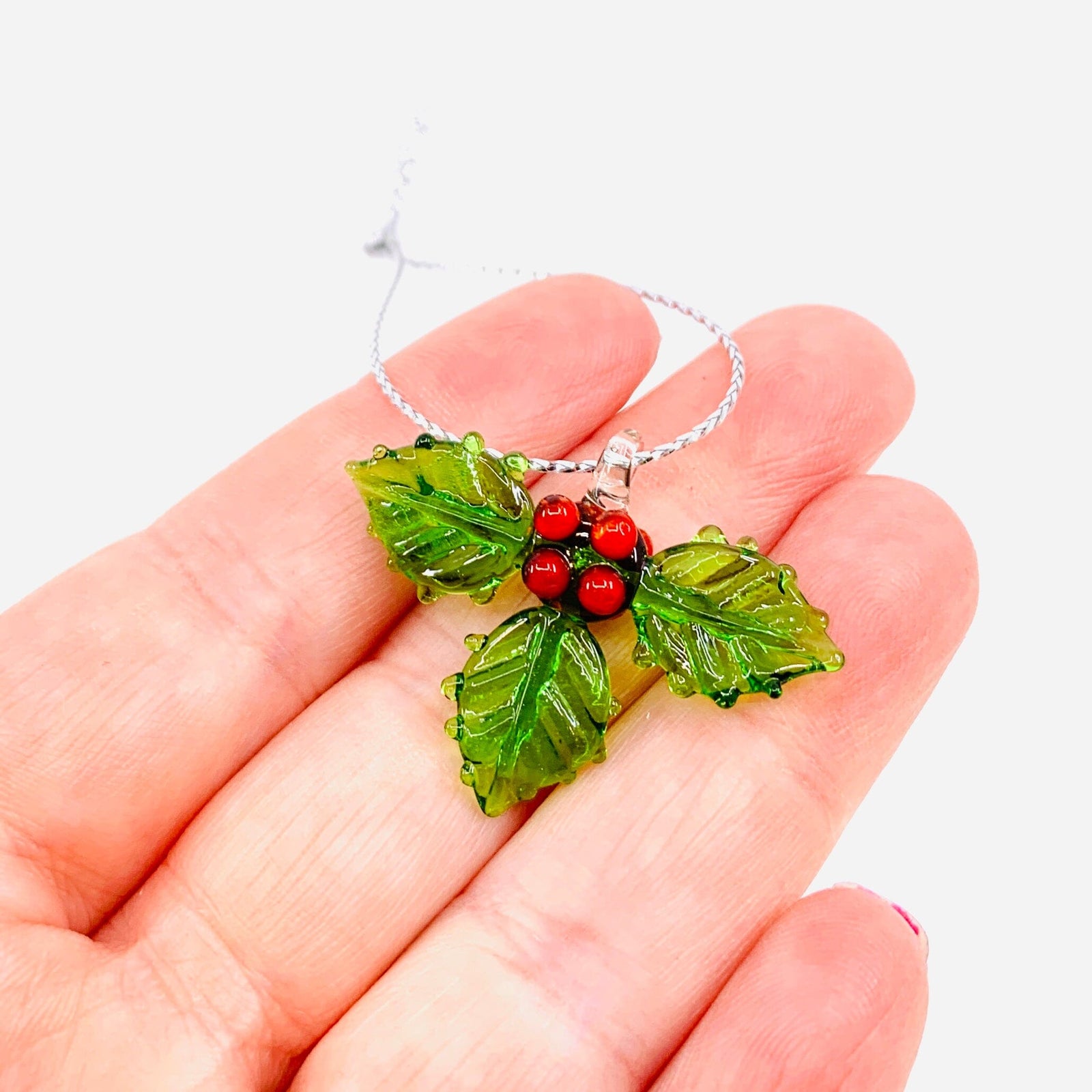 Tiny Glass Holly Ornament - 