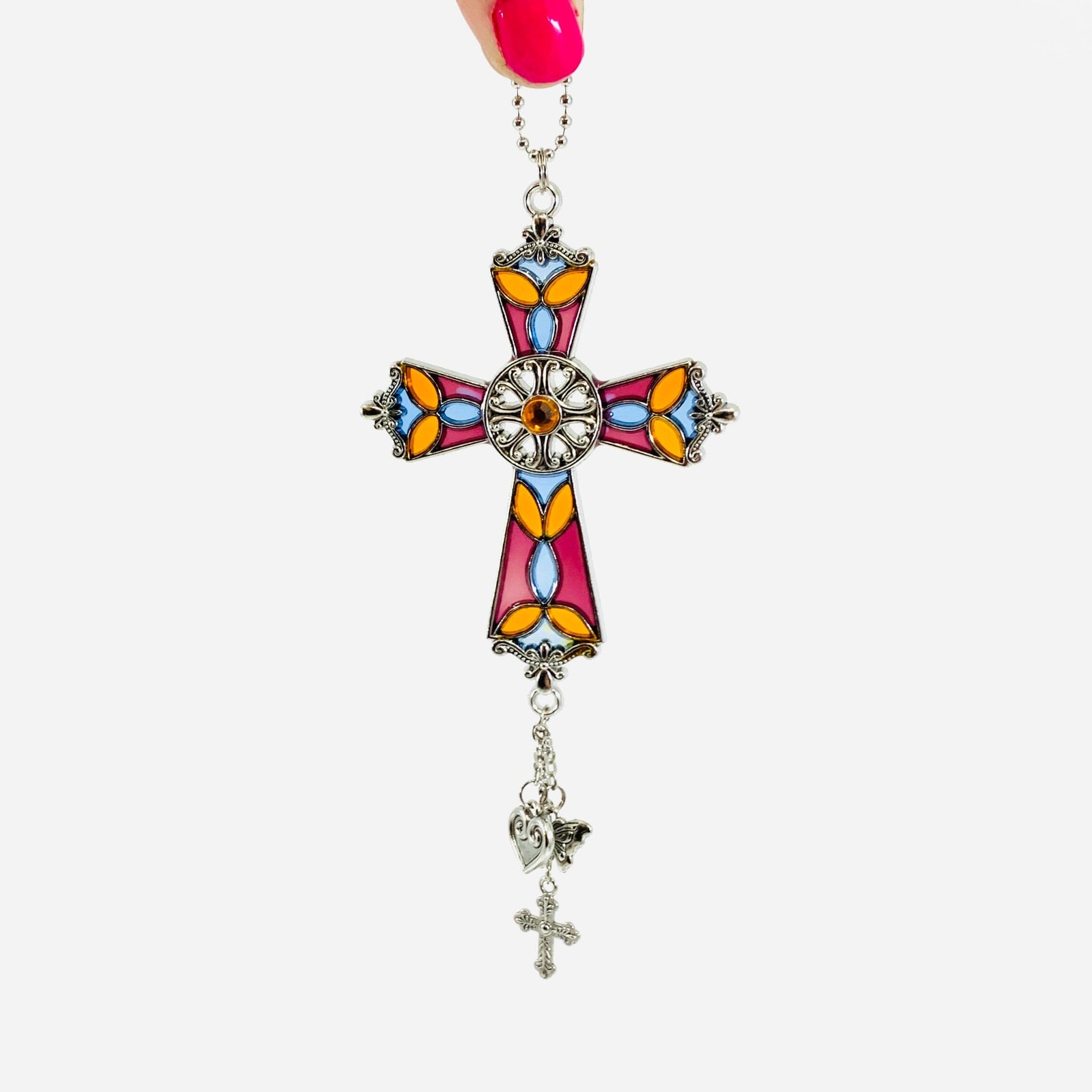 Stained Glass Cross Car Charm, Orange Ornament GANZ 