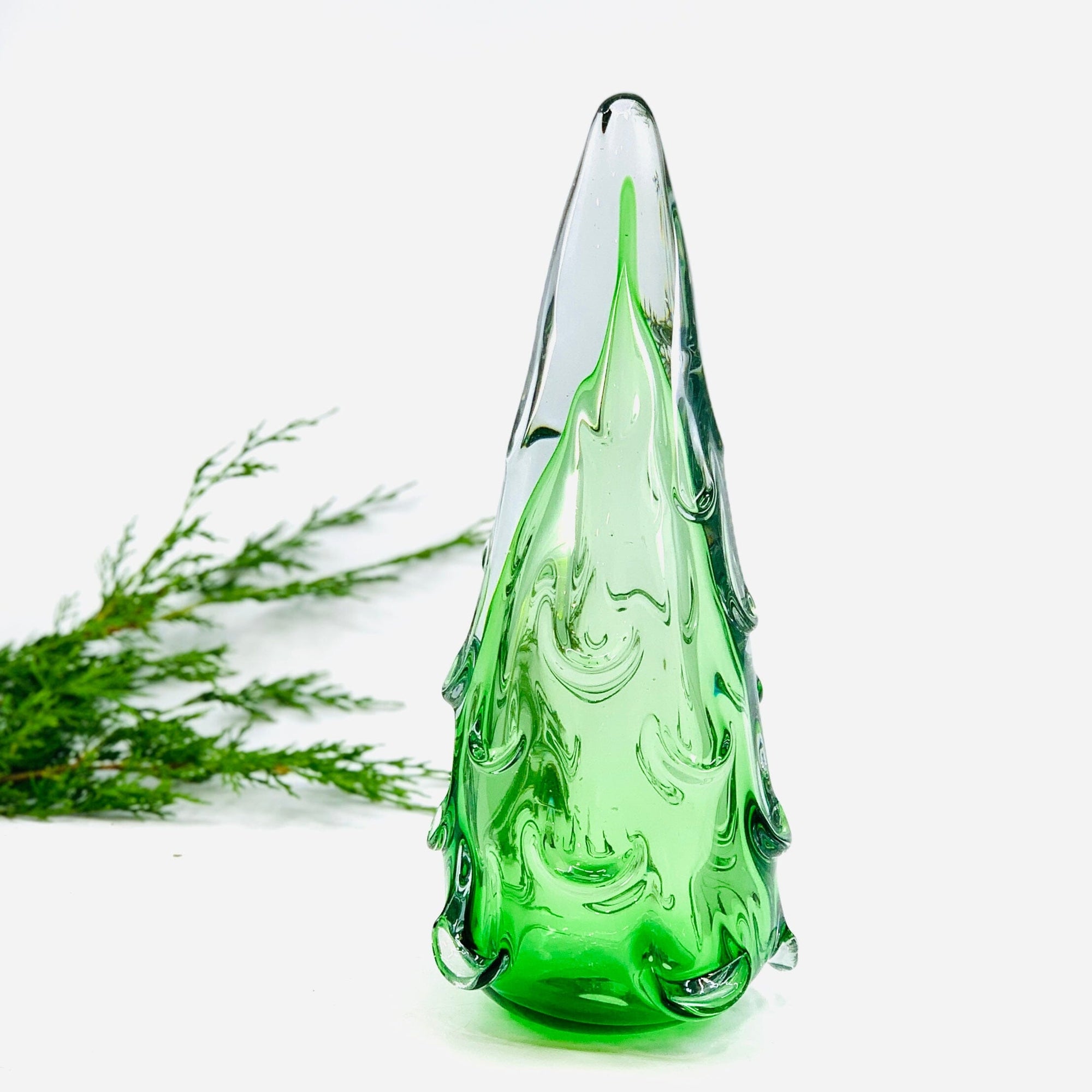 Medium Snow Drift Blown Glass Tree, Green Diamond Star 