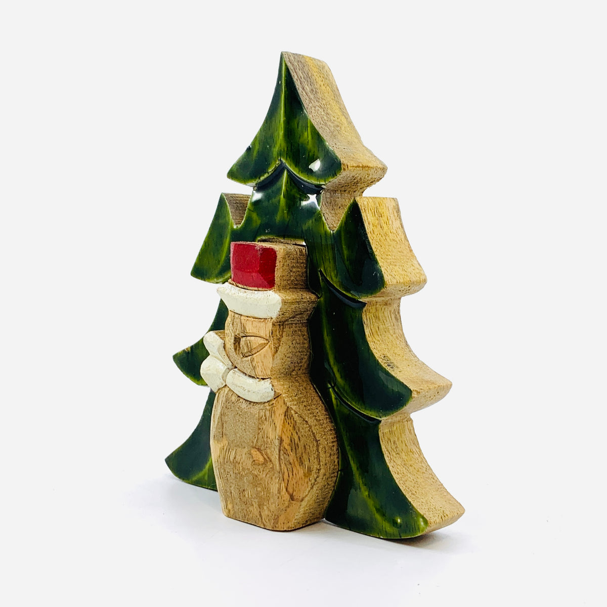 Green Enamel Wooden Tree and Snowman Holiday Décor