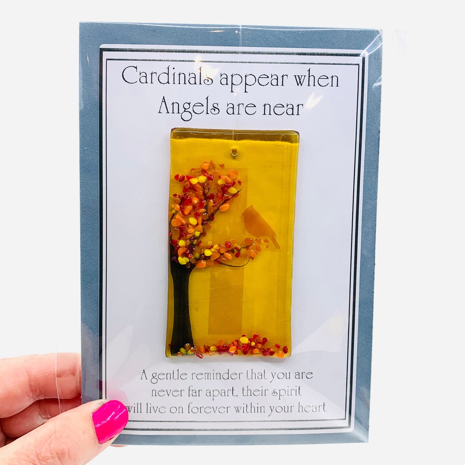 Fused Glass "Cardinals appear when Angels are near" Suncatcher 28 Decor Glimmer Glass Gifts 