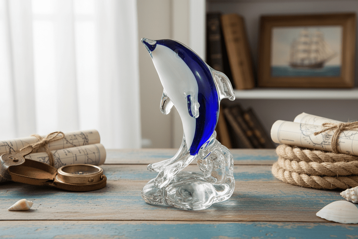Glass Dolphin on Wave Paperweight Decor Chesapeake Bay 