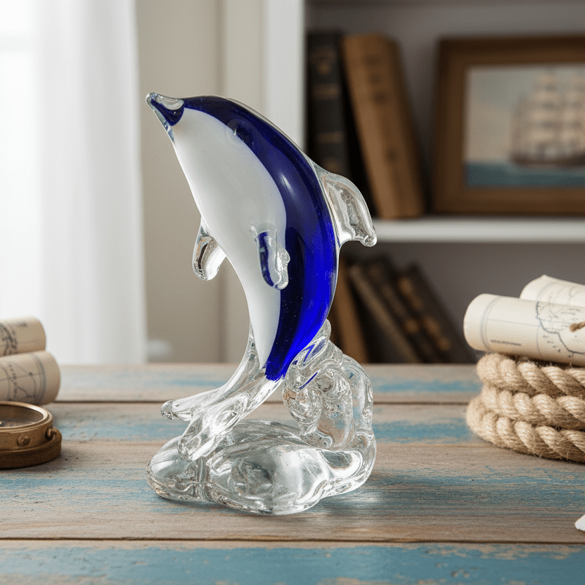 Glass Dolphin on Wave Paperweight Decor Chesapeake Bay 