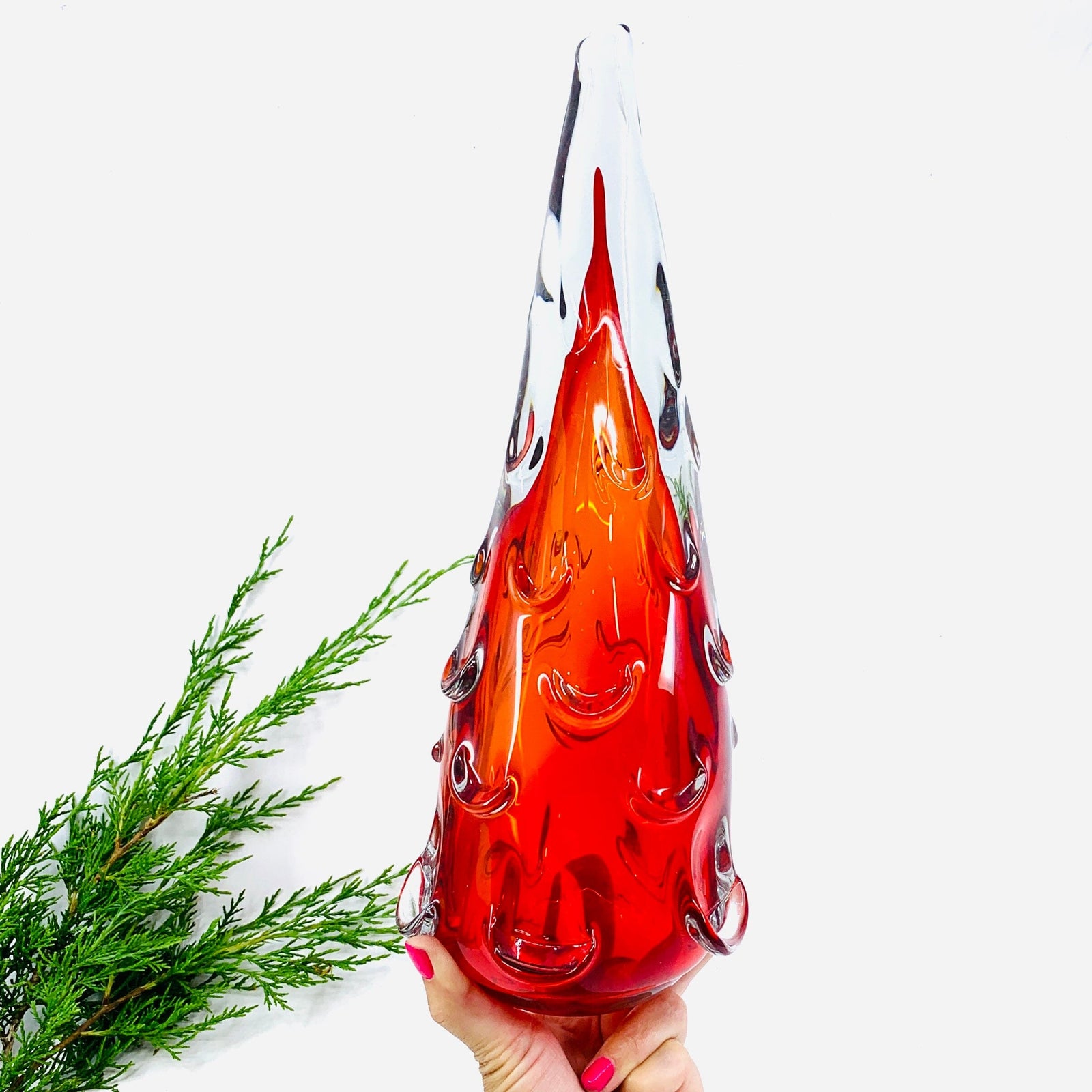 Large Snow Drift Blown Glass Tree, Red Diamond Star 