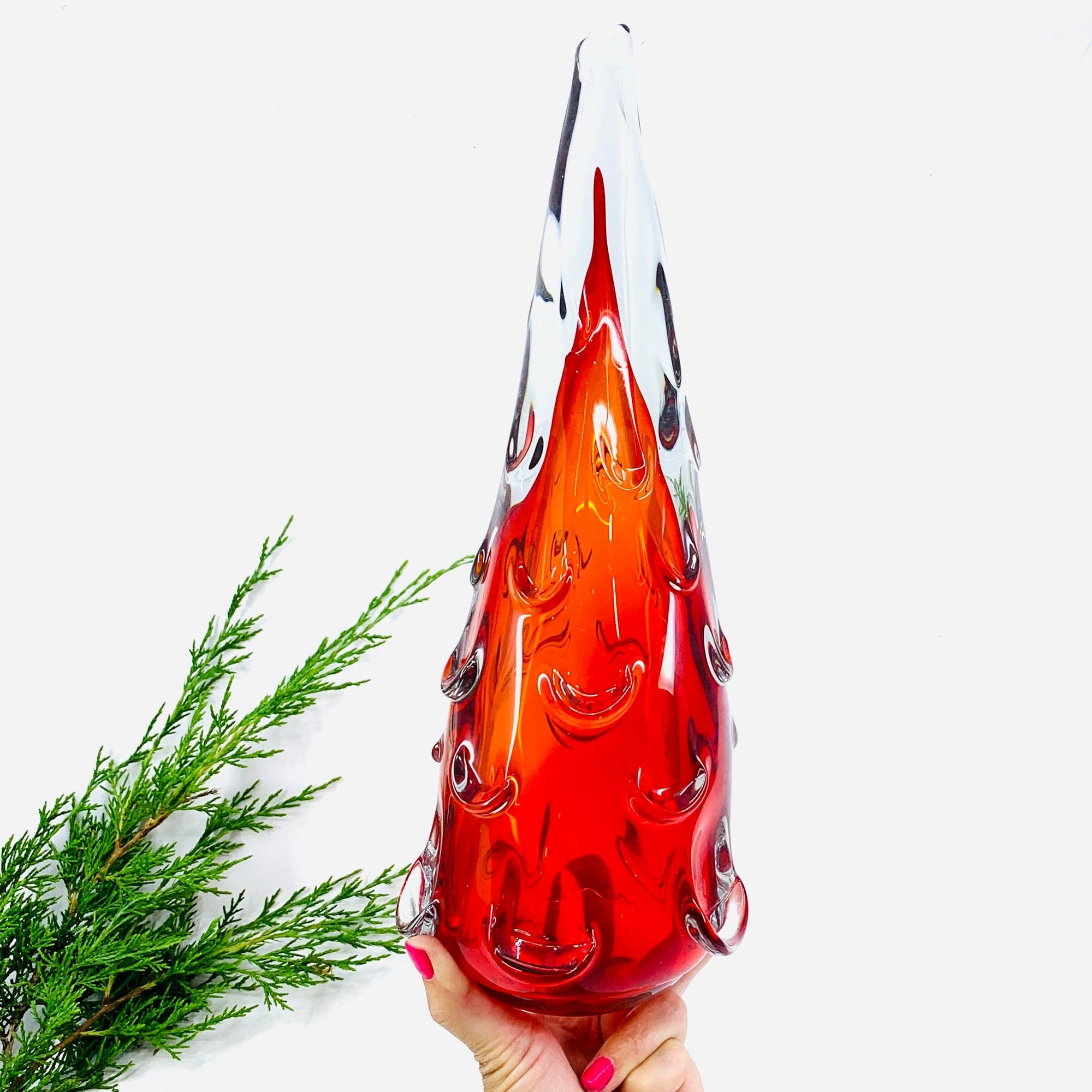 Large Snow Drift Blown Glass Tree, Red Diamond Star 