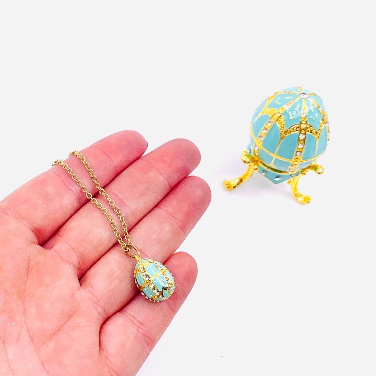 Bejeweled Enamel Trinket Box and Pendant 25, Turquoise Faberge Style Egg Decor Kubla Craft 