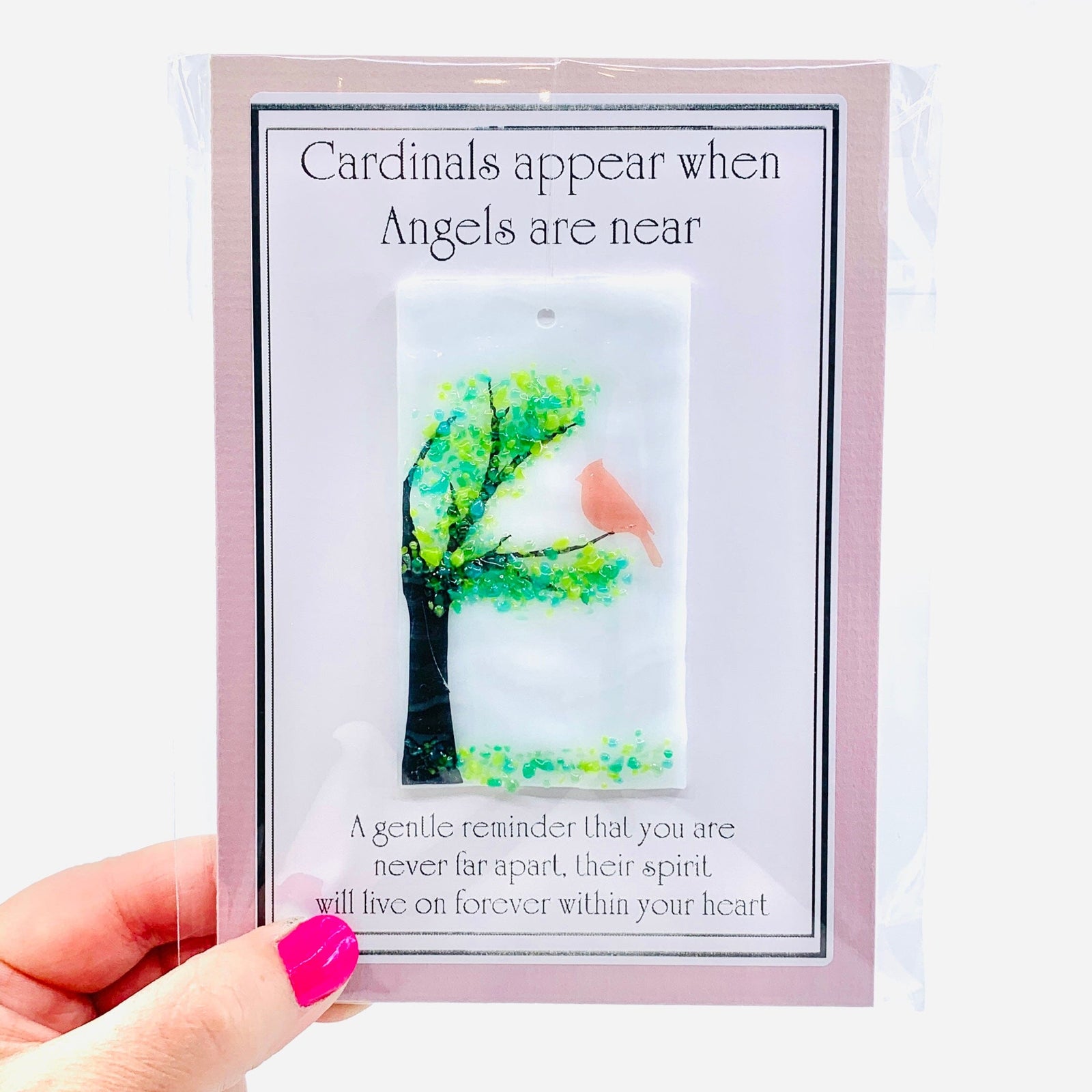 Fused Glass "Cardinals appear when Angels are near" Suncatcher 15 Decor Glimmer Glass Gifts 