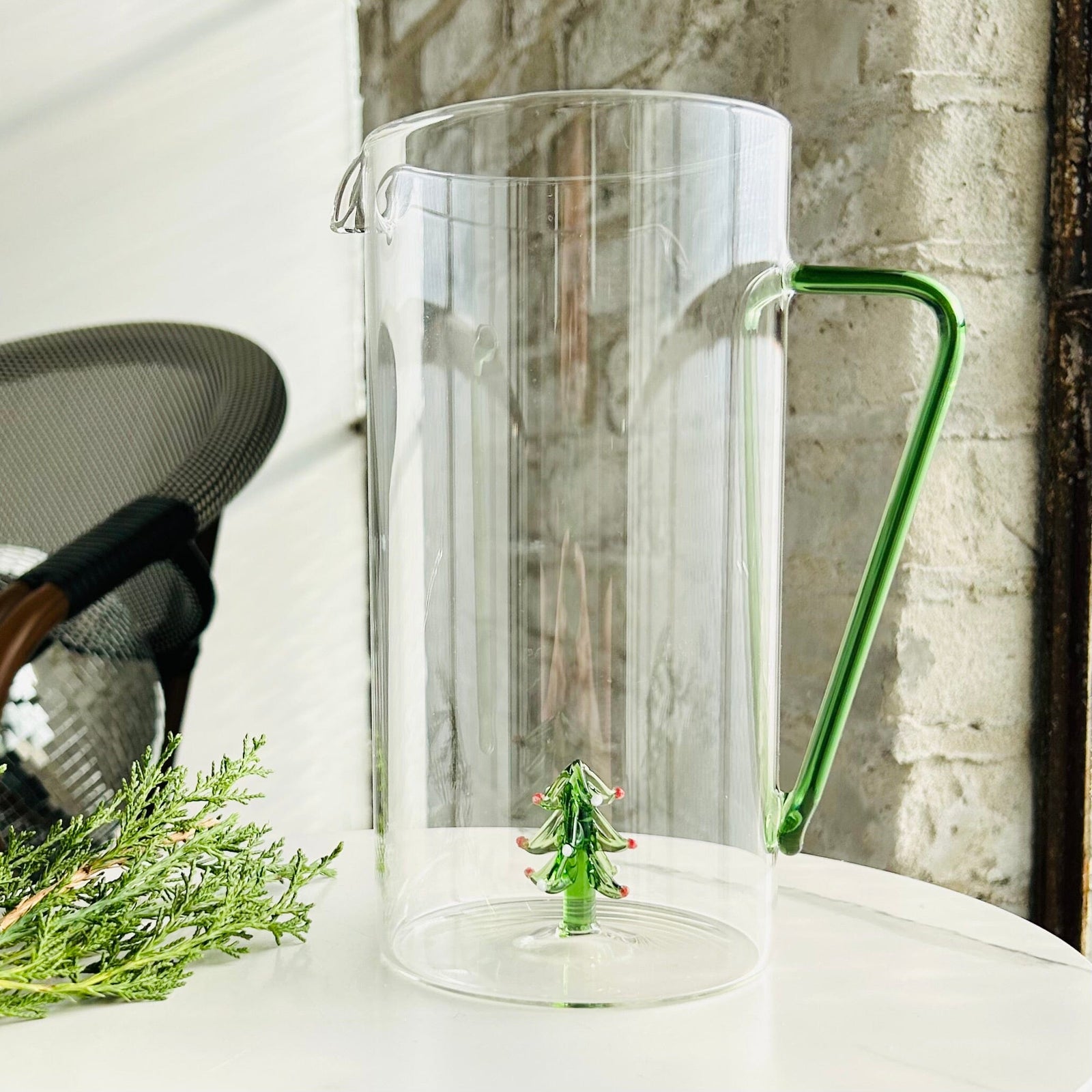 Glass Pitcher with Festive Tree Icon Decor Creative Co-Op 
