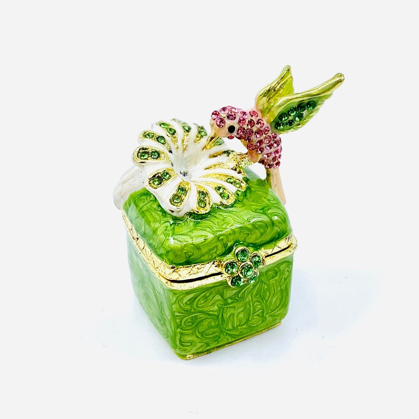 Bejeweled Enamel Trinket Box 28 - Pink Hummingbird Decor Kubla Craft 