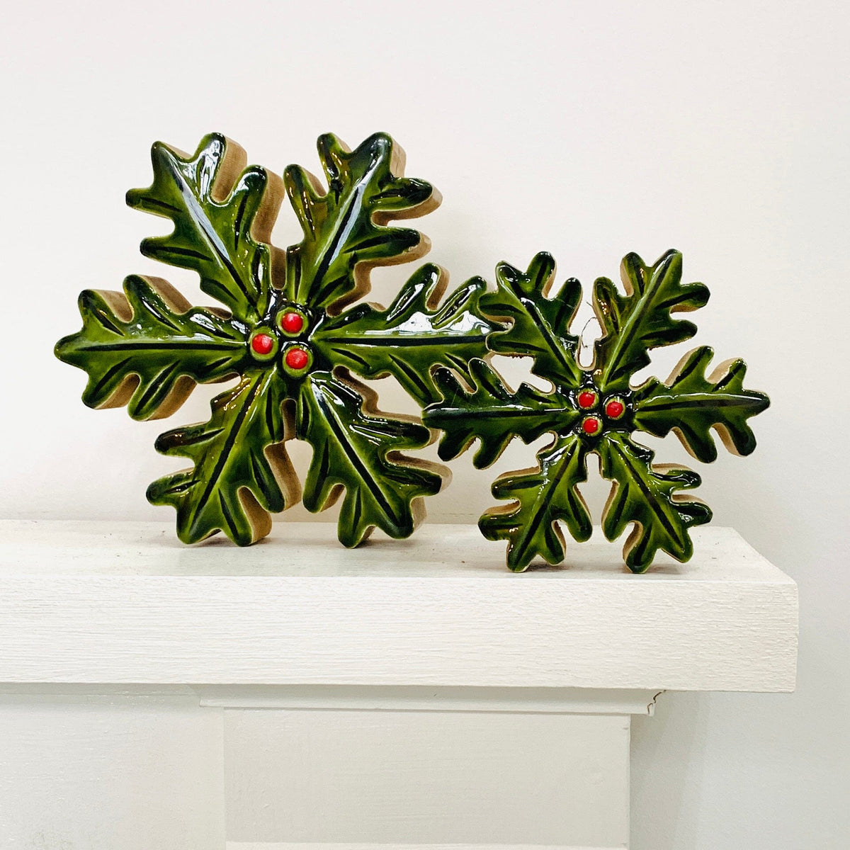 Enamel Holly Wooden Snowflake Décor, Large Oak Street 