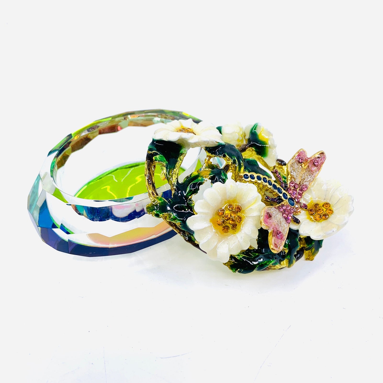 Crystal and Bejeweled Enamel Jewelry Box 33 - Dragonfly with Daisies Decor Kubla Craft 