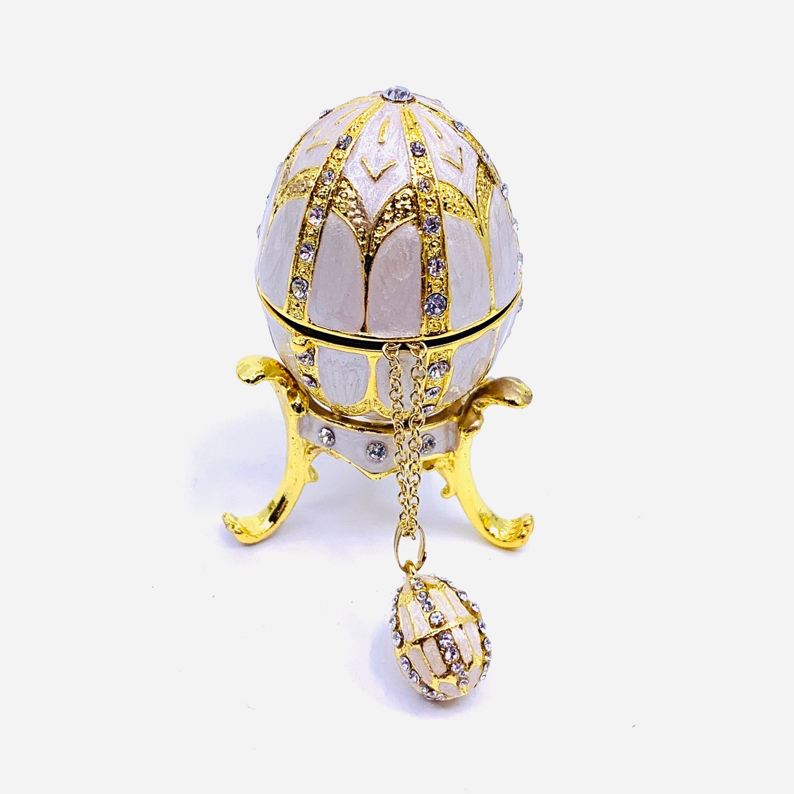Bejeweled Enamel Trinket Box and Pendant 26, White Faberge Style Egg Decor Kubla Craft 