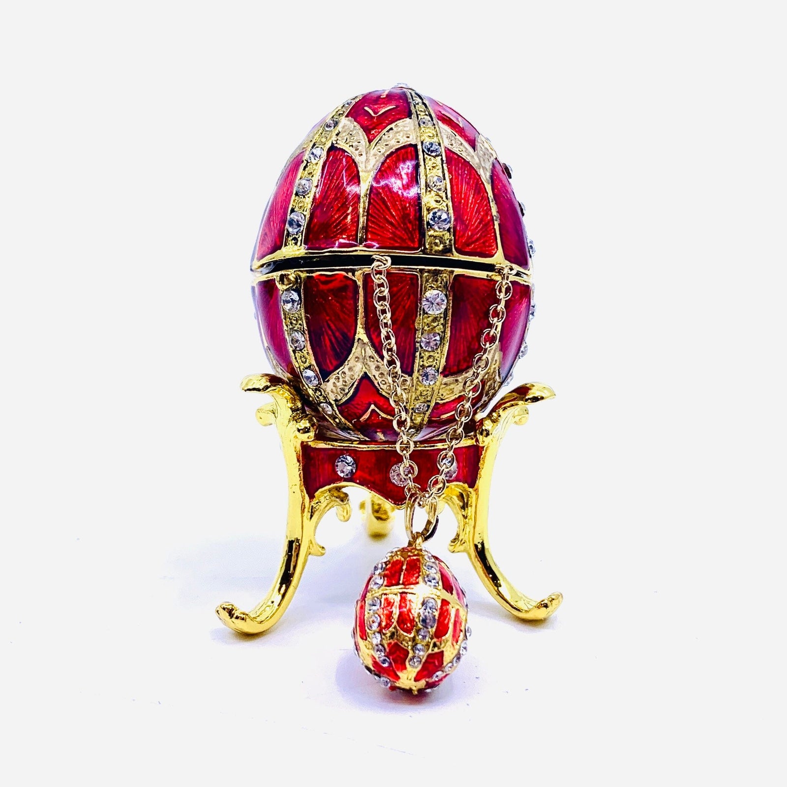 Bejeweled Enamel Trinket Box and Pendant 24, Red Faberge Style Egg Decor Kubla Craft 