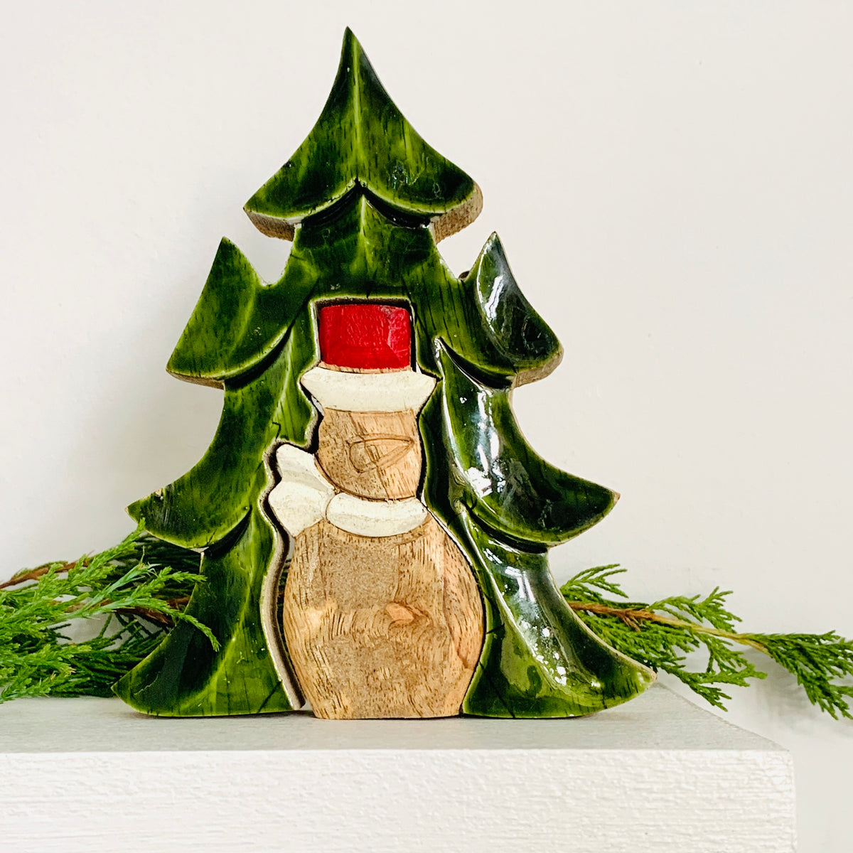 Green Enamel Wooden Tree and Snowman Holiday Décor