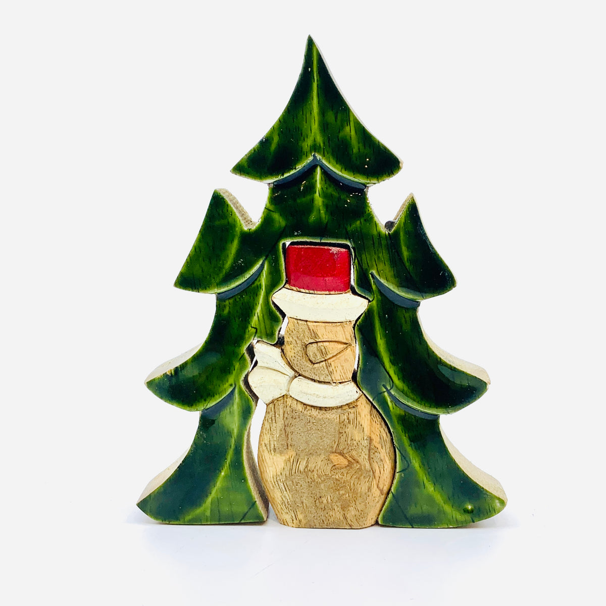 Green Enamel Wooden Tree and Snowman Holiday Décor