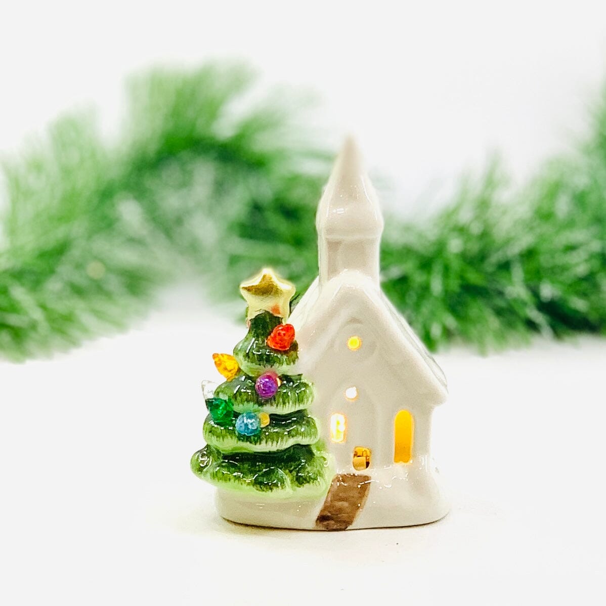 Ceramic Light-Up Holiday Tree and Church GANZ 