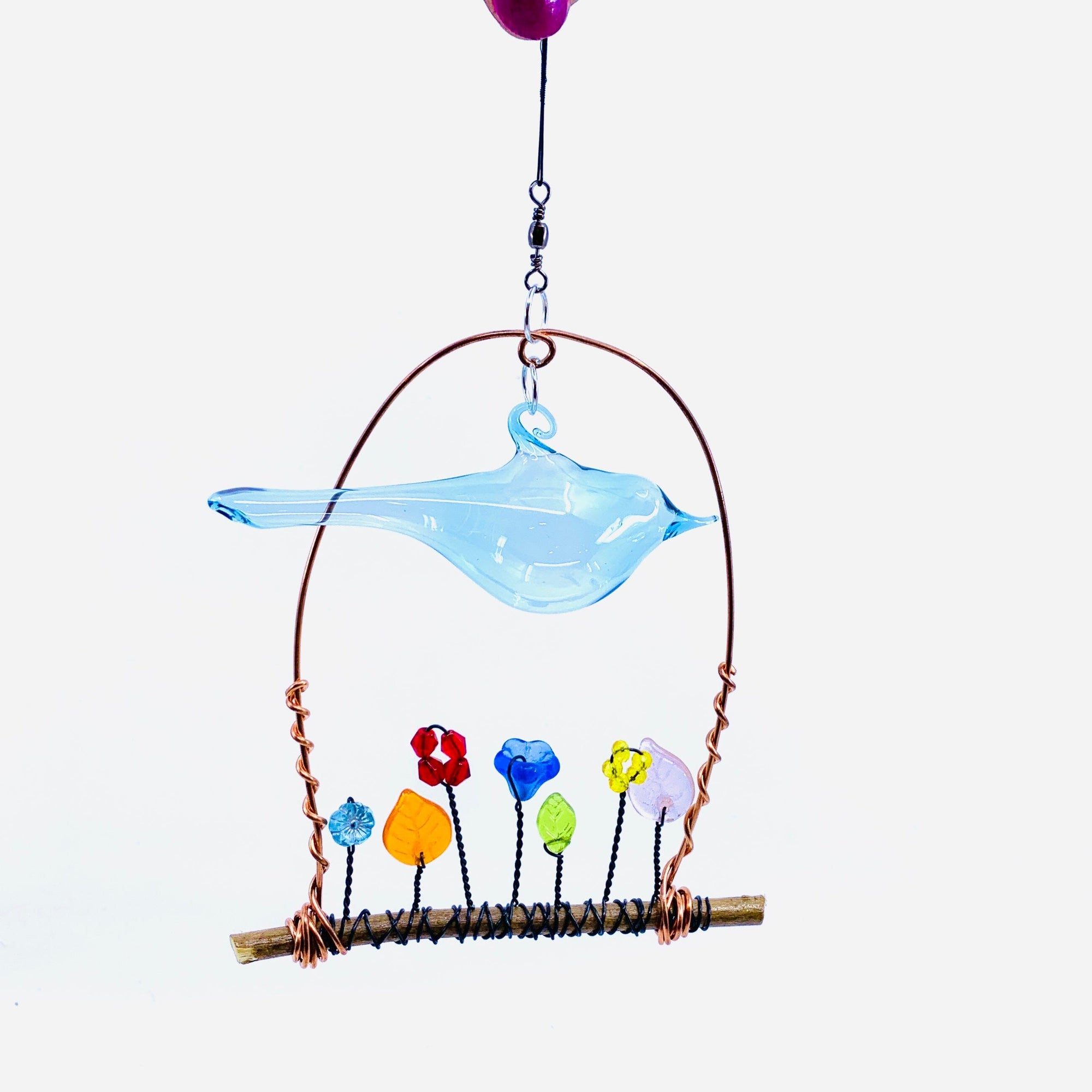 Hand Blown Glass Bird Wired Flower Garden Swing 5, Light Blue Decor Whimsical Wire and Glass 