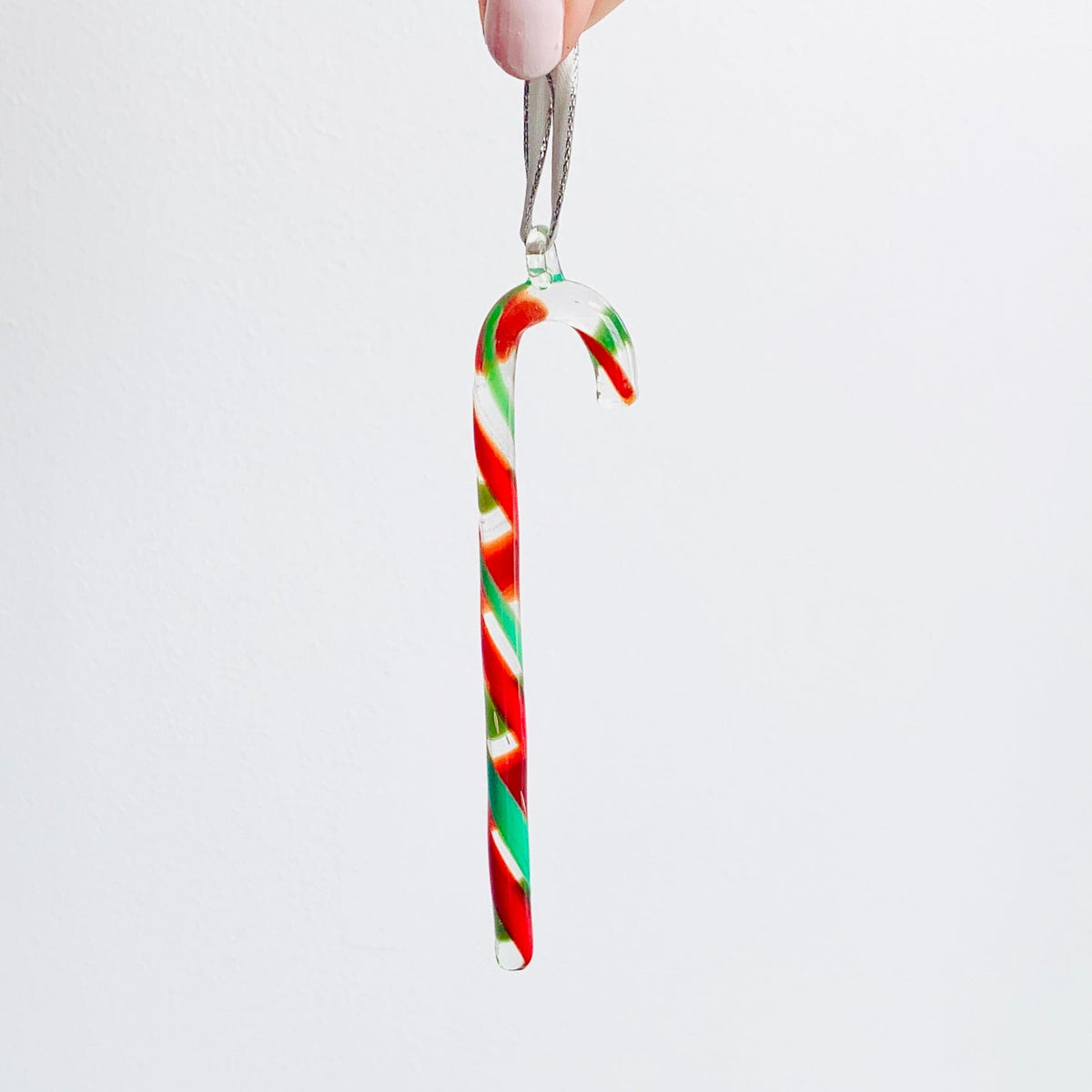Glass Candy Cane Ornament 238, Green Red and Clear Holiday - 