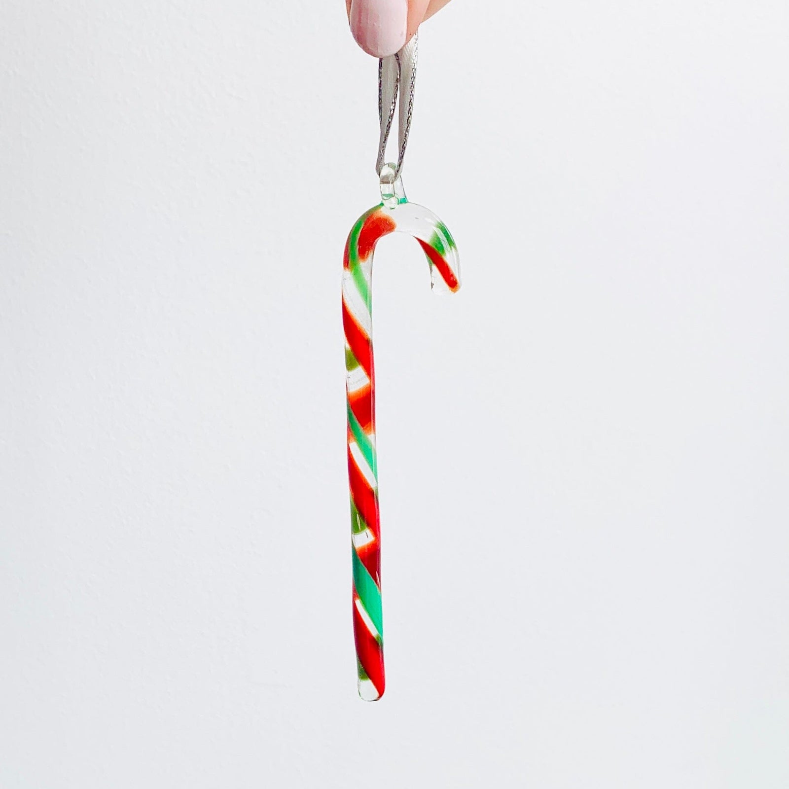 Glass Candy Cane Ornament 238, Green Red and Clear Holiday - 