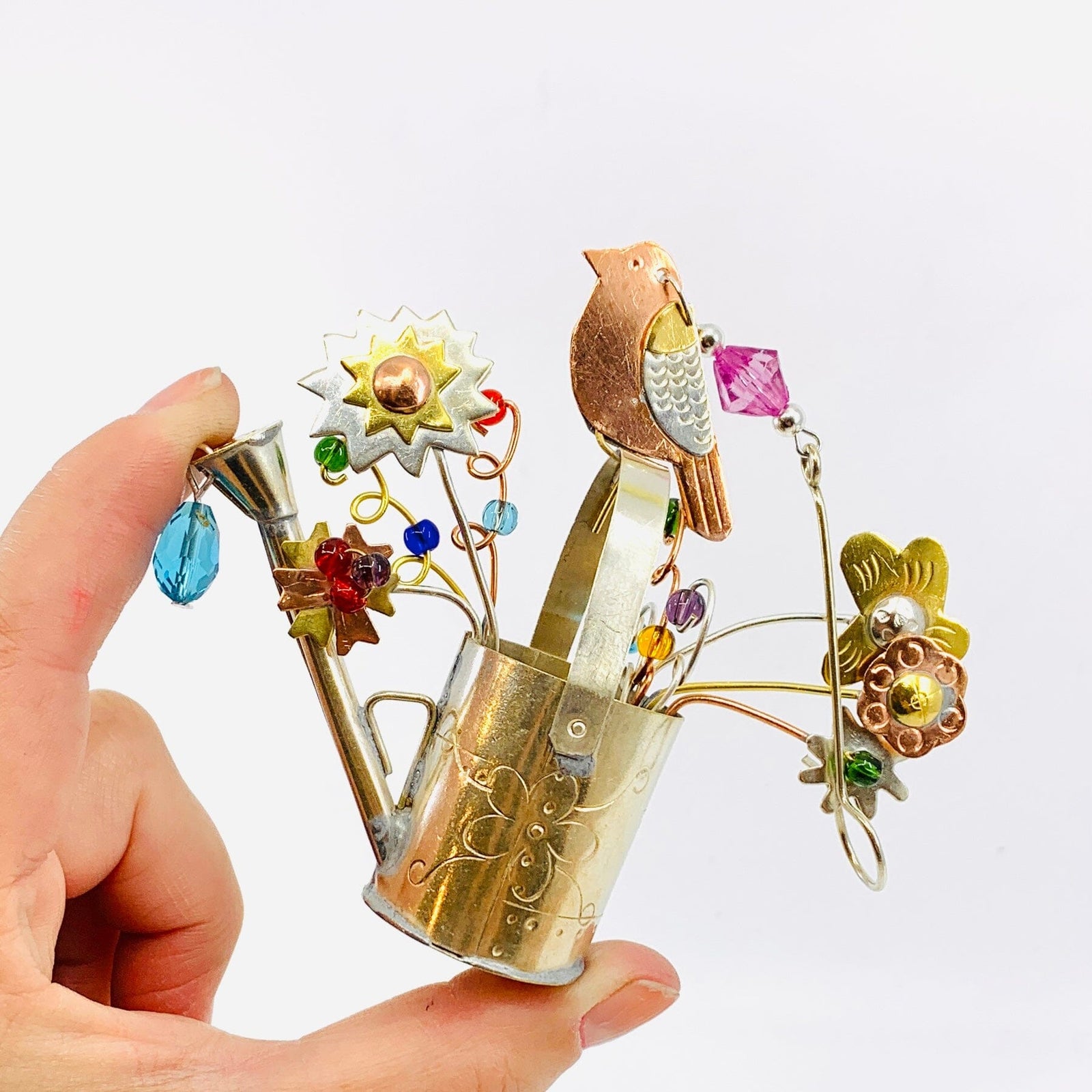 Mixed Metal Ornament, Bird Watering Can Miniature Pilgrim Imports 