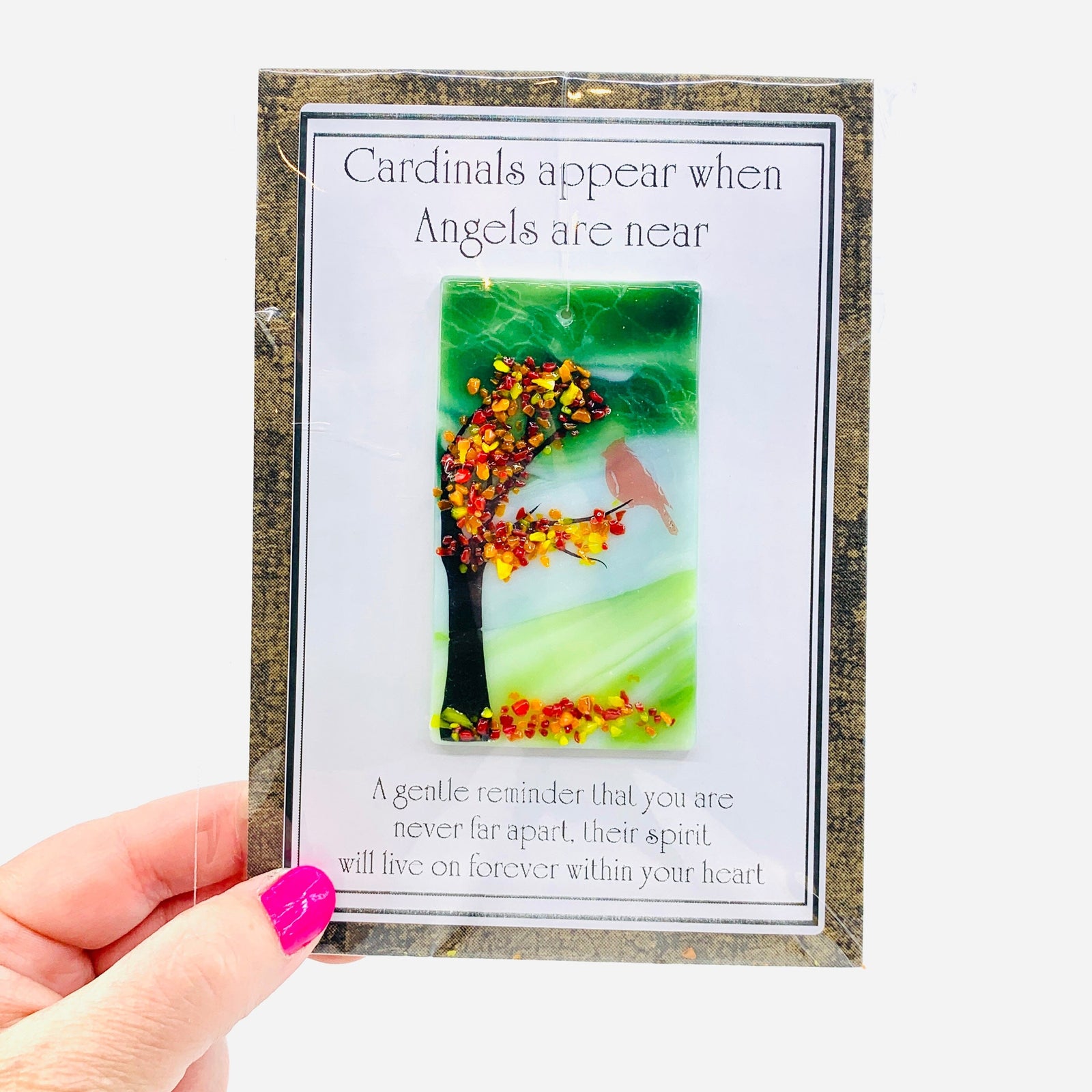 Fused Glass "Cardinals appear when Angels are near" Suncatcher 40 Decor Glimmer Glass Gifts 
