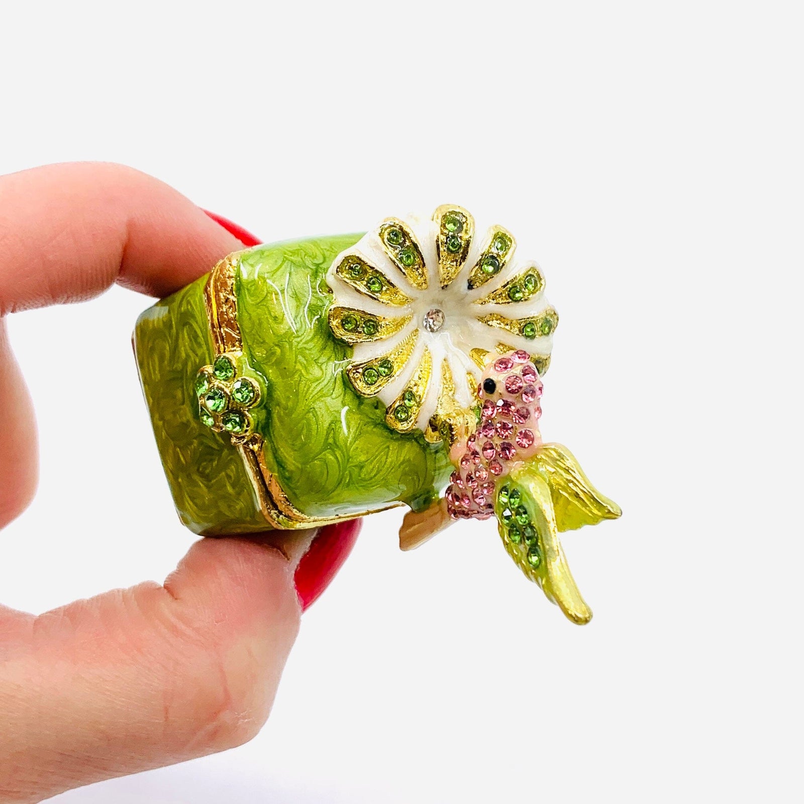 Bejeweled Enamel Trinket Box 28 - Pink Hummingbird Decor Kubla Craft 