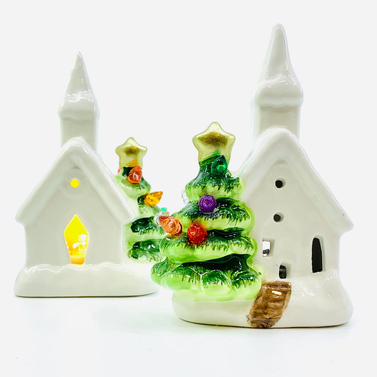 Ceramic Light-Up Holiday Tree and Church GANZ 