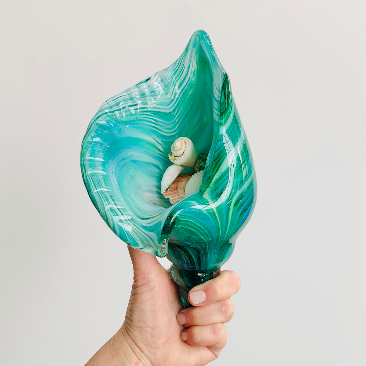 Teal Stripe Glass Conch Shell