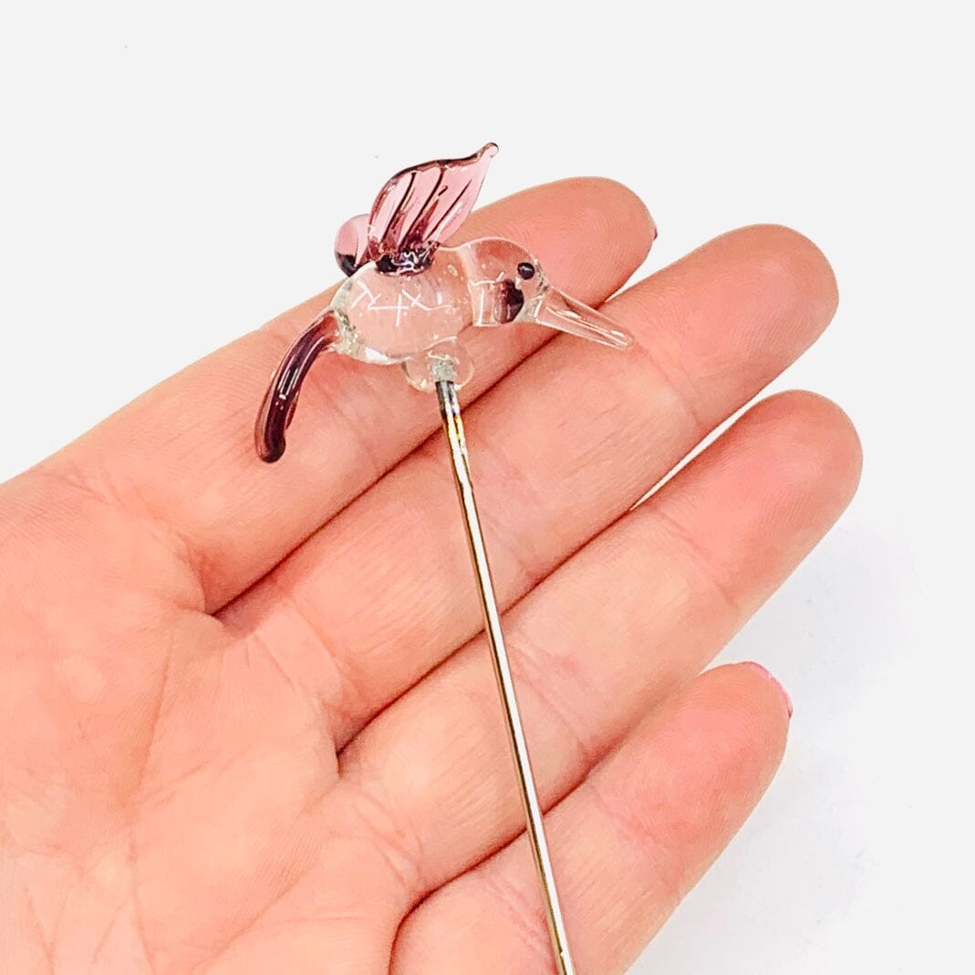 Tiny Glass Animal Garden Stake 5, Purple Hummingbird Decor - 