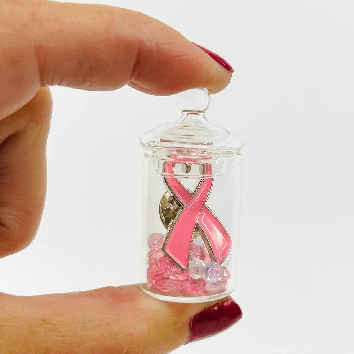 Breast Cancer Awareness, Tiniest Glass Ribbon Jar Miniature - 