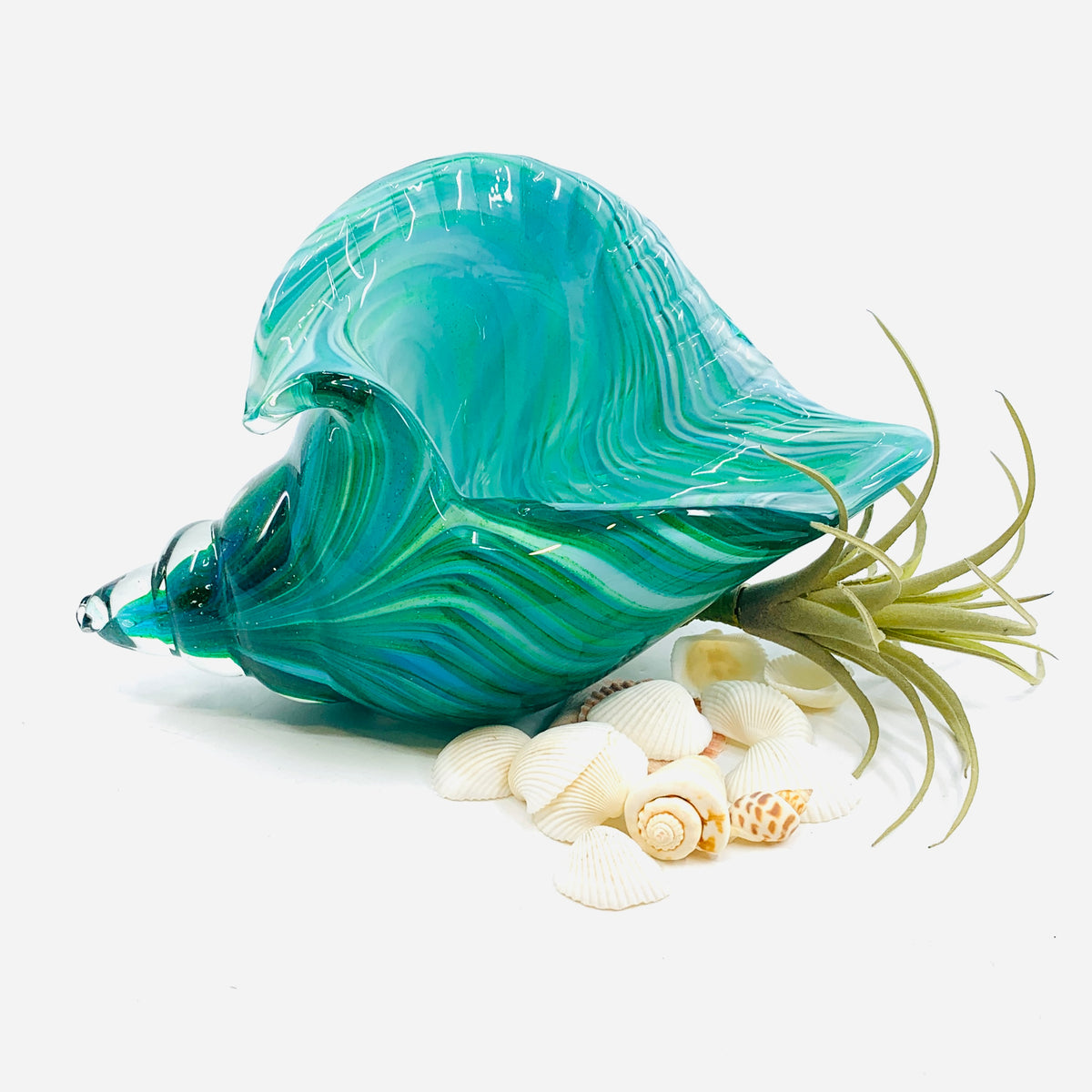 Teal Stripe Glass Conch Shell